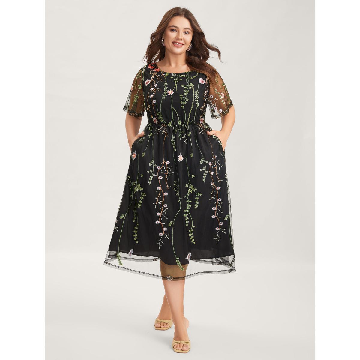 Plus Size Plant Embroidery Sheer Cinched-Waist Midi Dress Black Women Round Neck Short sleeve Curvy BloomChic 26/4X Product Image
