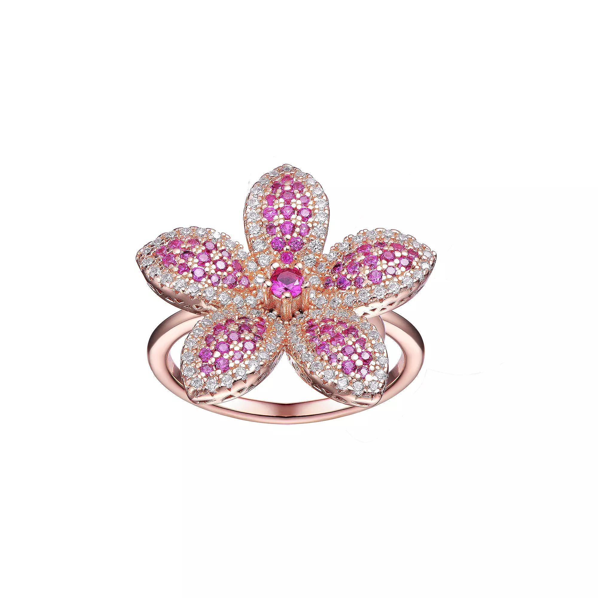 18k Rose Gold over Sterling Silver Cubic Zirconia Flower Cocktail Ring, Womens Pink Tone Product Image