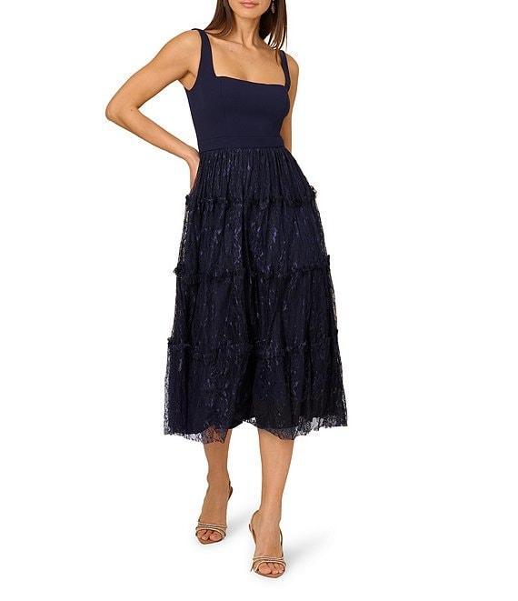 Adrianna Papell Square Neck Sleeveless Mixed Media Tiered Midi Dress Product Image