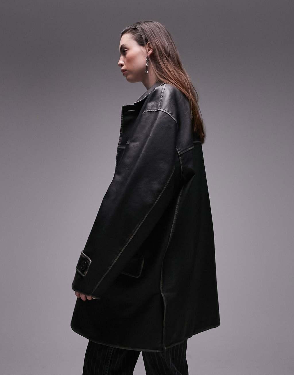Topshop faux leather mid length coat Product Image
