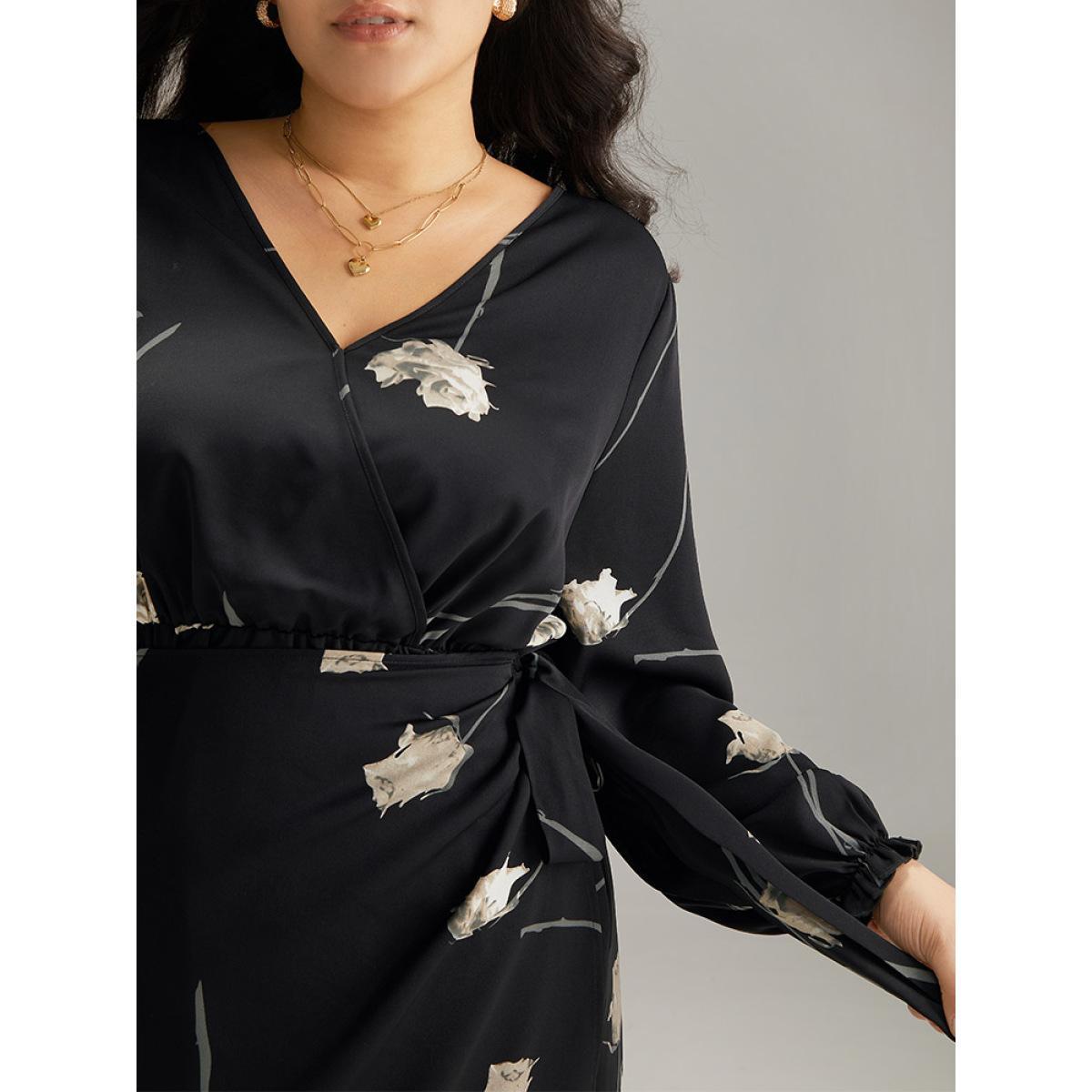 Plus Size Geometric Wrap Ties Lantern Sleeve Dress BlackFlower Women Office Cross straps V-neck Long Sleeve Curvy Midi Dress BloomChic 14-16/1X Product Image