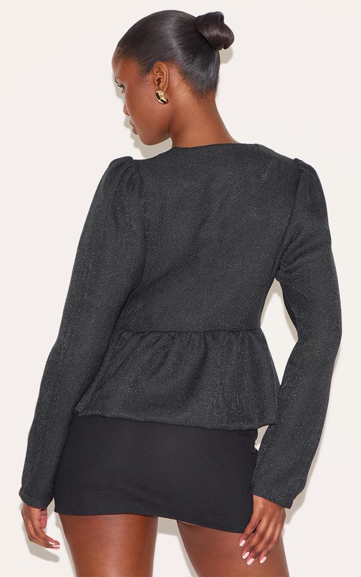 Black Button Up Peplum Balloon Sleeve Jacket Product Image