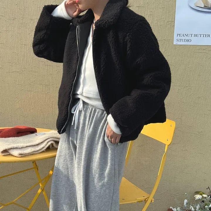 Collar Plain Fleece Zip Jacket Product Image