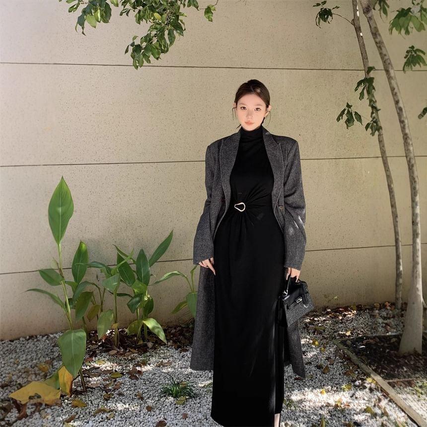 Long-Sleeve Mock Neck Plain Maxi A-Line Dress Product Image