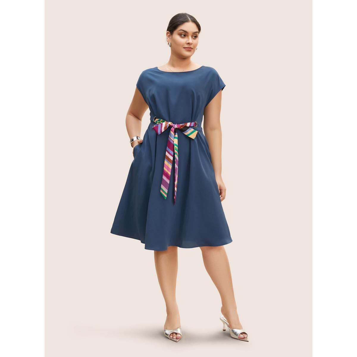 Plus Size Round Neck Striped Tie Knot Cap Sleeve Dress DarkBlue Women At the Office Tie knot Round Neck Cap Sleeve Curvy BloomChic 30/6X Product Image