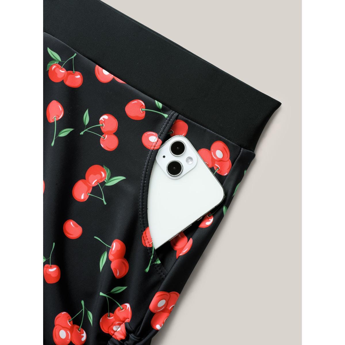 Plus Size Cherry Print Adjustable Drawstring Swim Bottoms Women's Swimwear Black Beach Drawstring High stretch Skinny High Rise Curve Swim Bottoms BloomChic 28/5X Product Image