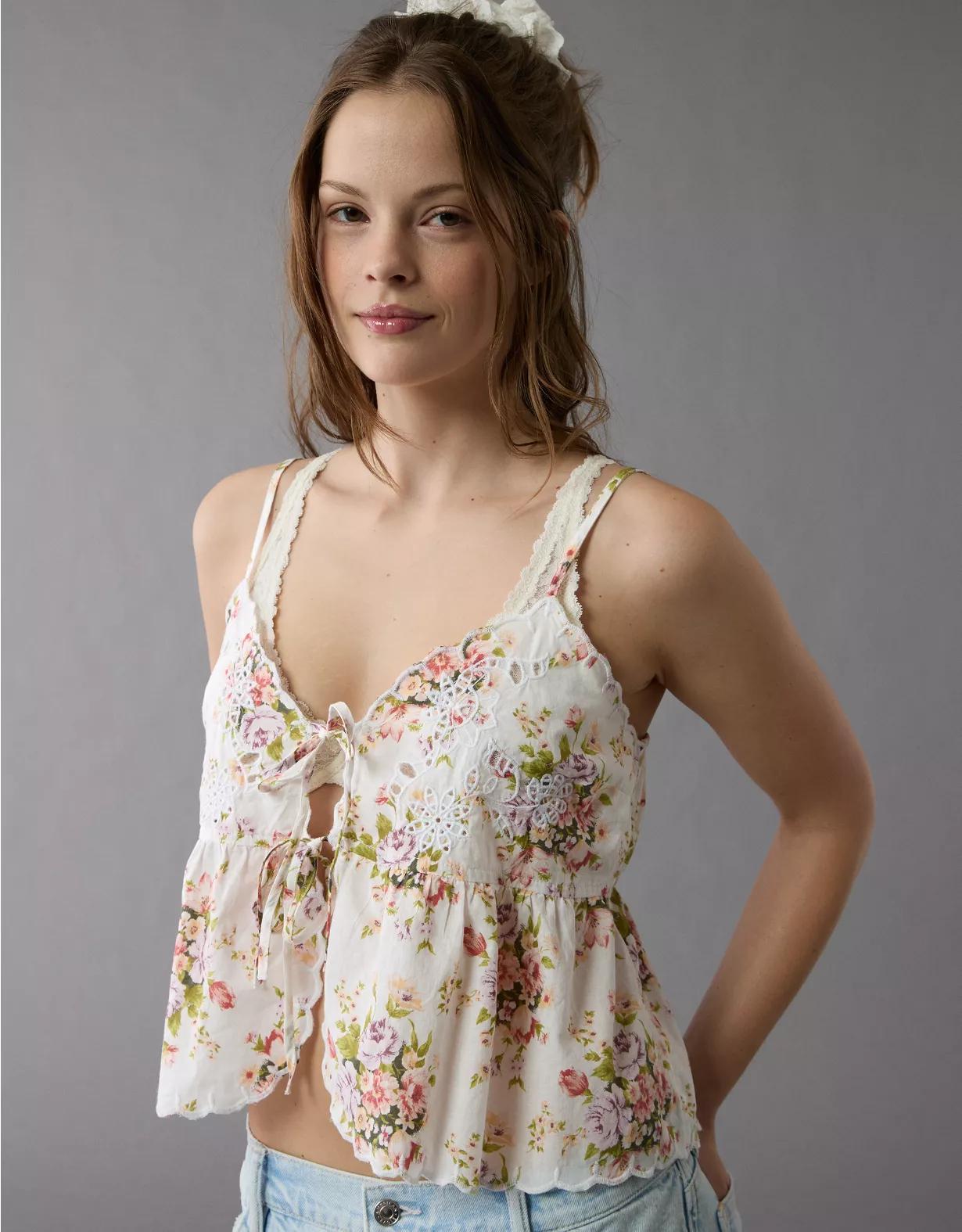AE Tie Front Embroidered Tank Top Product Image