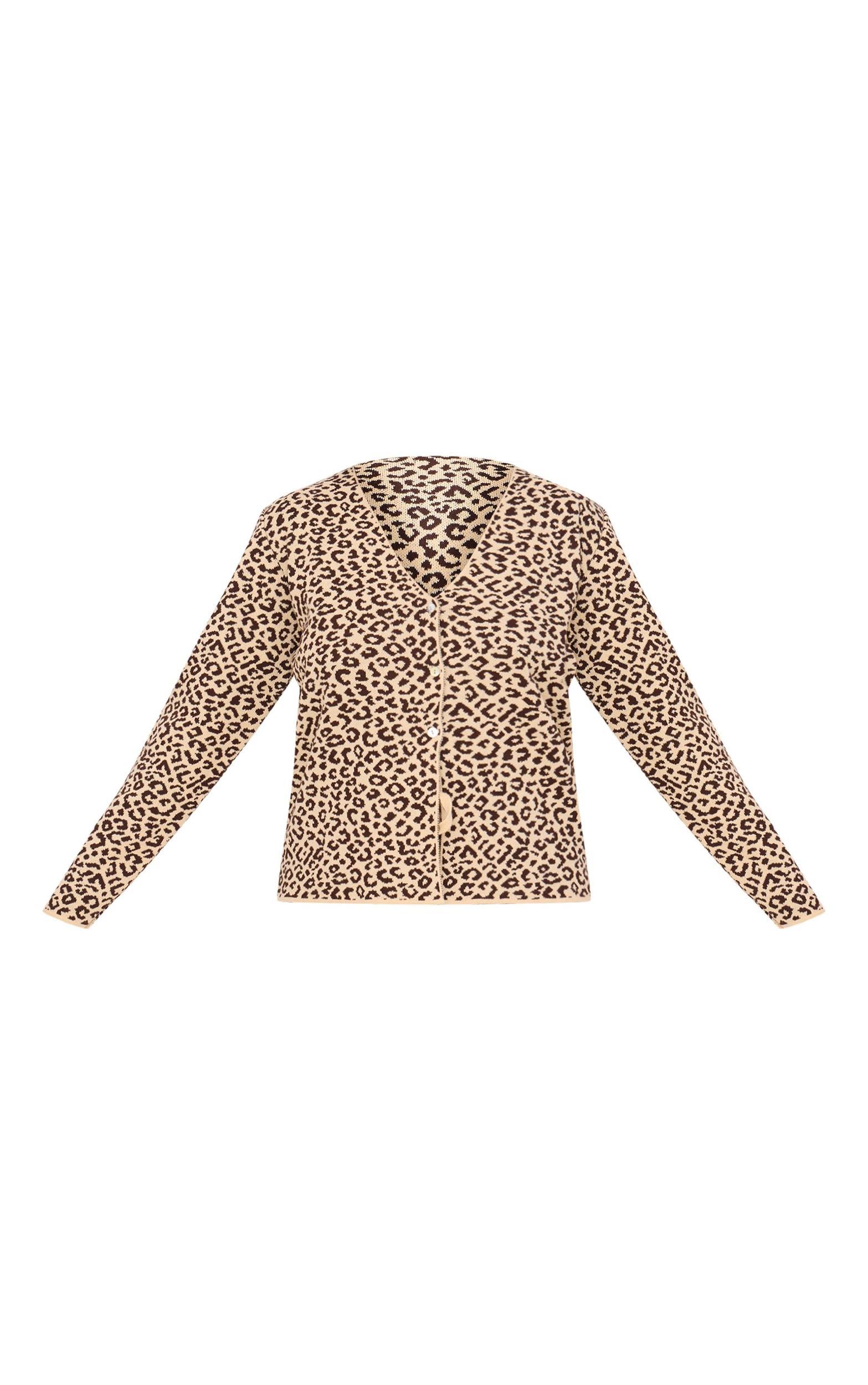 Plus Brown Leopard Print V Neck Knitted Button Up Cardigan Product Image