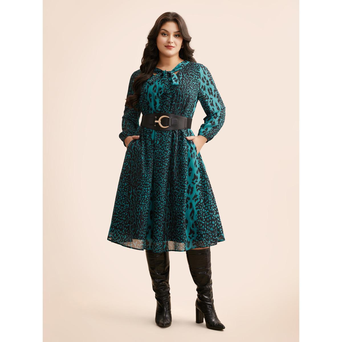Plus Size Leopard Print Elastic Waist Tie Knot Dress Teal Women Elegant Tie knot Ribbon-tied collar Long Sleeve Curvy BloomChic 18-20/2X Product Image