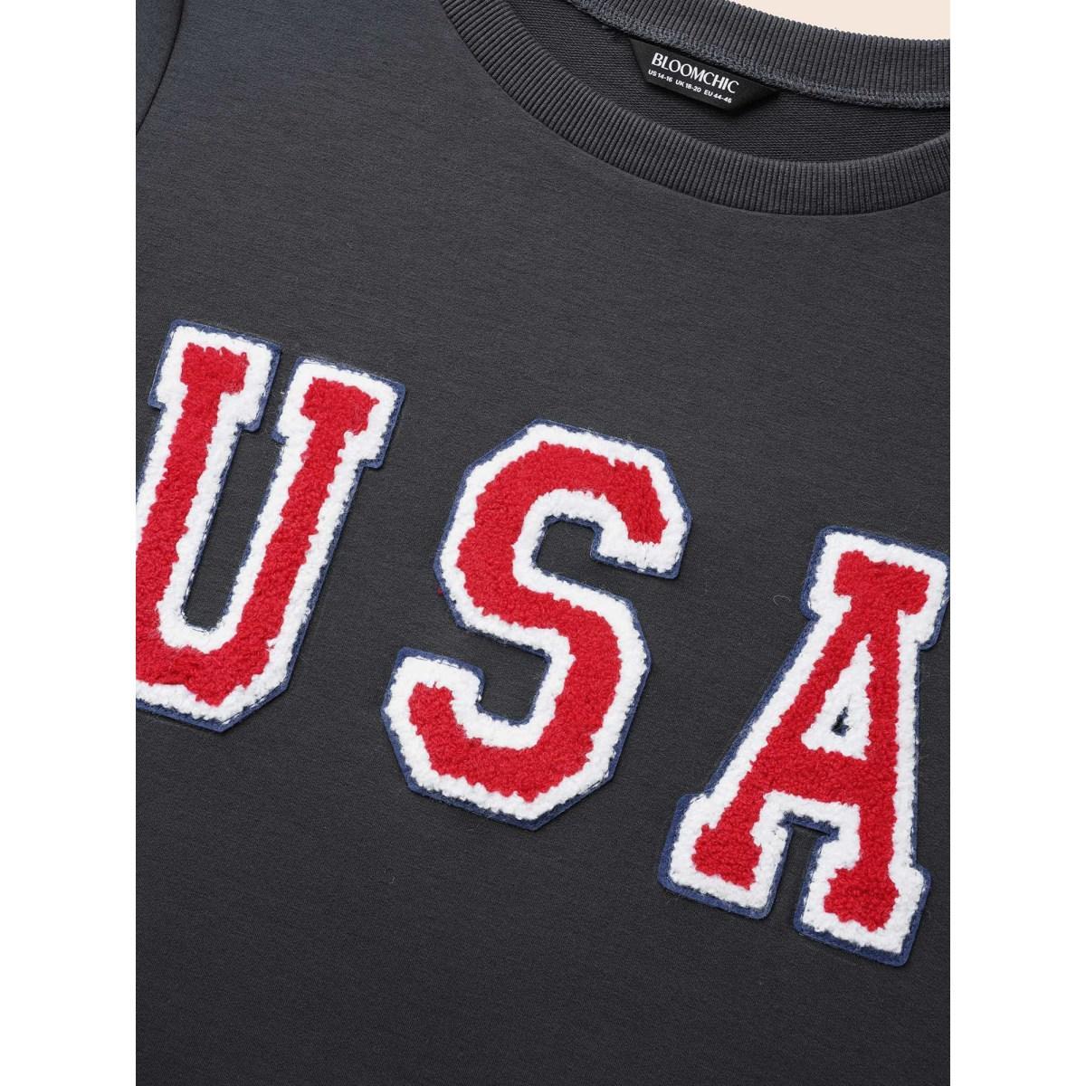 Plus Size USA Embroidered Patch Round Neck Sweatshirt Women DimGray Casual Contrast Loose Round Neck Everyday Sweatshirts BloomChic 10/M Product Image