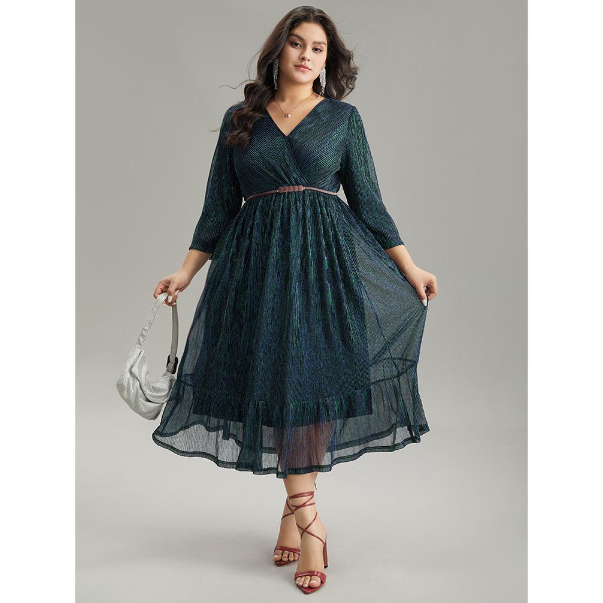 Plus Size Luxe Mesh Pleated Elastic Waist Wrap Dress DarkGreen Women Party Texture Overlap Collar Elbow-length sleeve Curvy Midi Dress BloomChic 18-20/2X Product Image