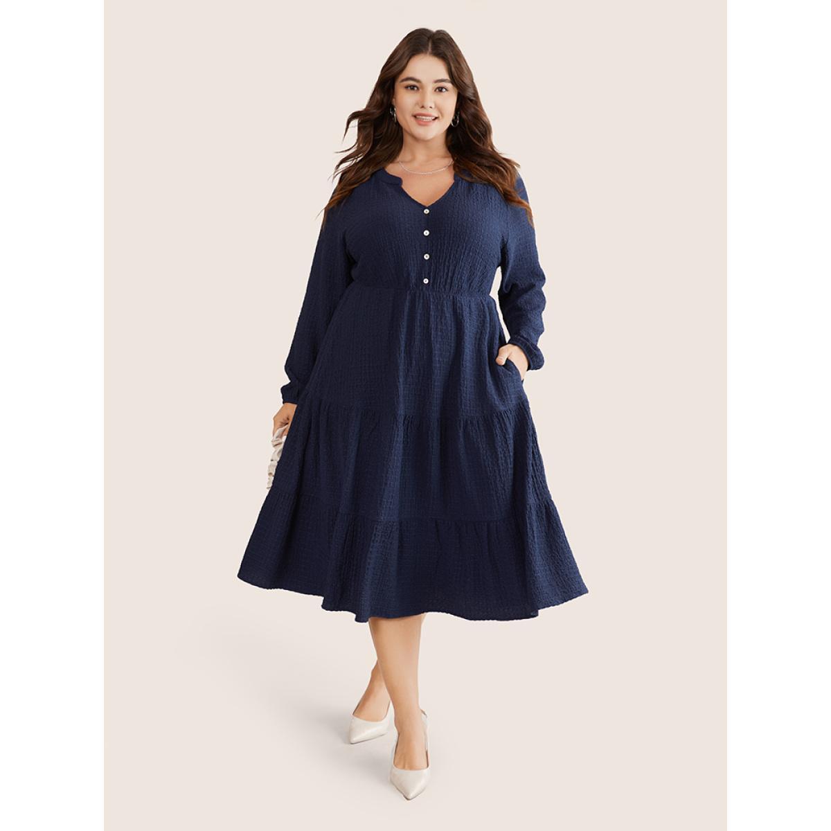Plus Size Notched Button Detail Ruffle Layered Hem Dress Midnight Women Office Elastic cuffs Notched collar Long Sleeve Curvy Midi Dress BloomChic 12/L Product Image
