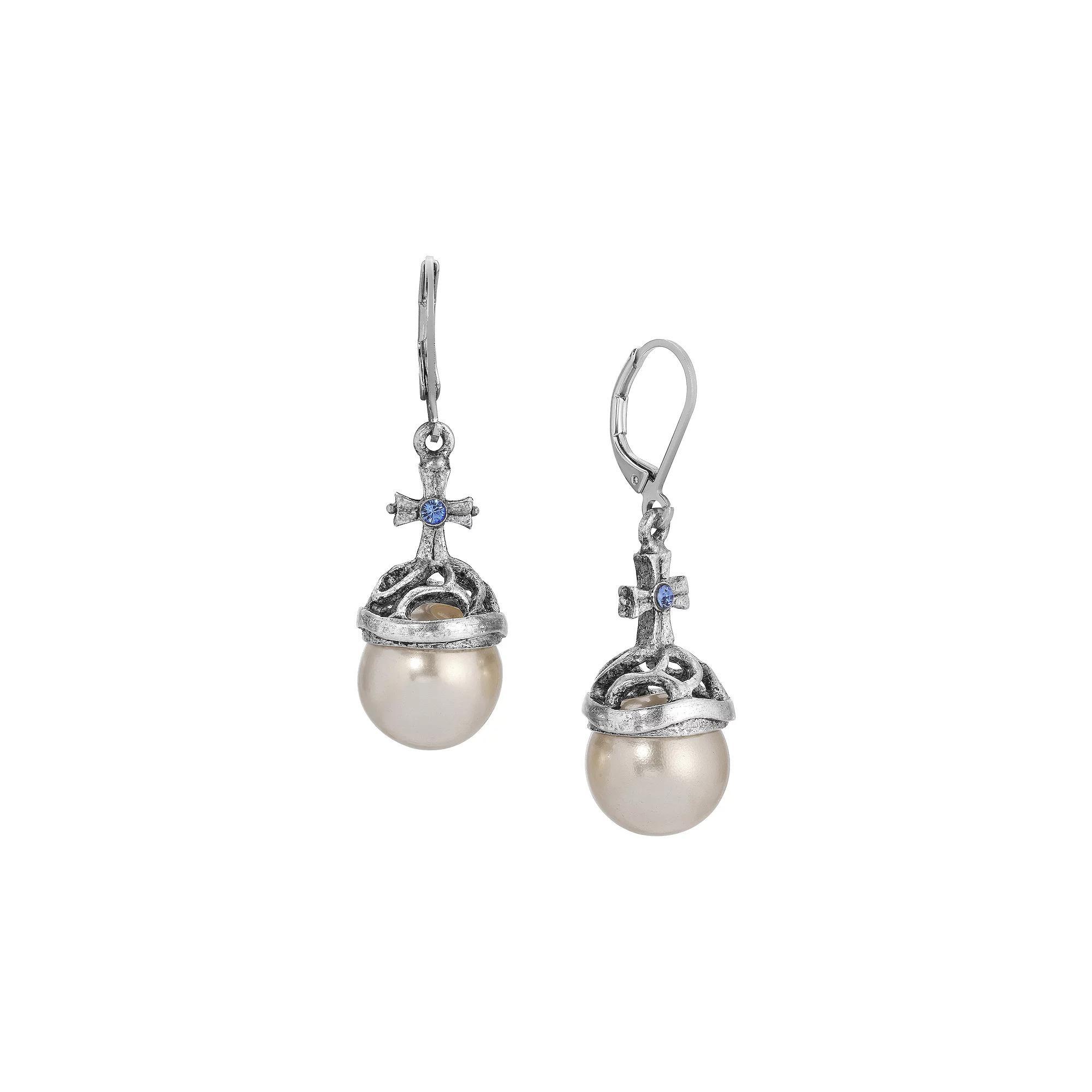 Symbols of Faith Round Stone Crystal Cross Earrings, Womens, Silver White Product Image