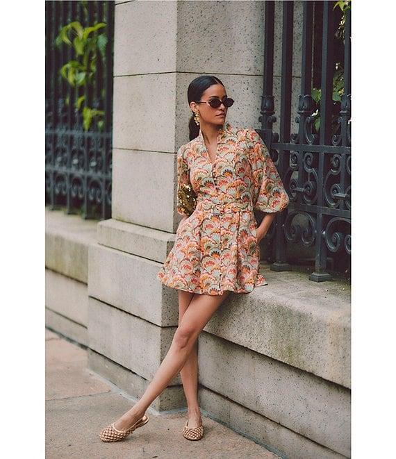 Mestiza New York Valencia Organza Fan Print Mandarin Collar Elbow Sleeve Dress Product Image