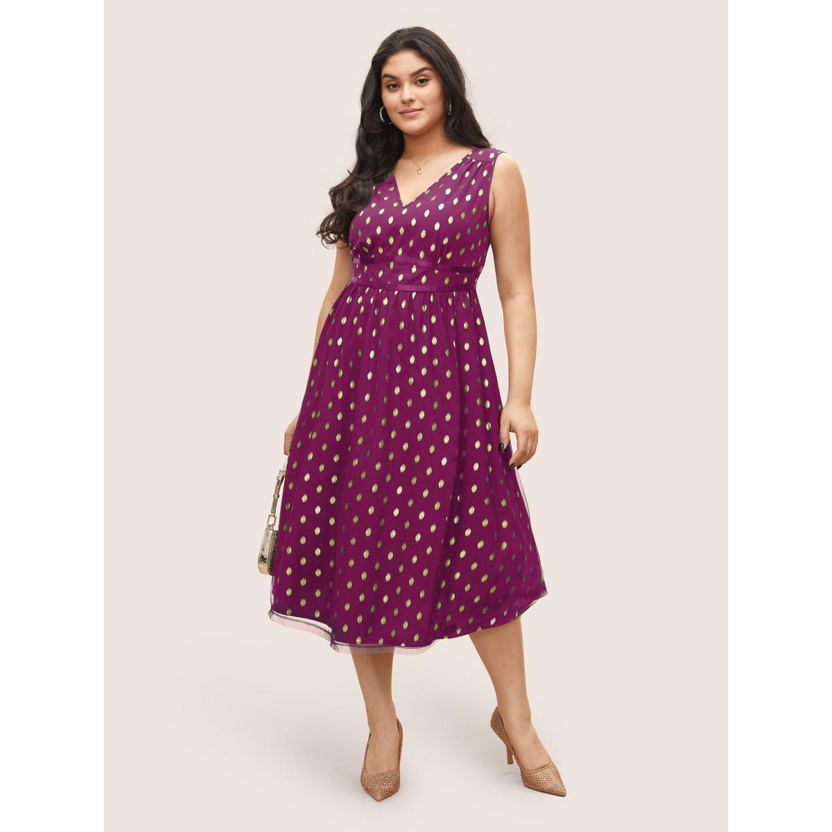 Plus Size Glitter Polka Dot Pocket Patchwork Tank Dress RedViolet Women Cocktail Non V-neck Sleeveless Curvy Midi Dress BloomChic 18-20/2X Product Image