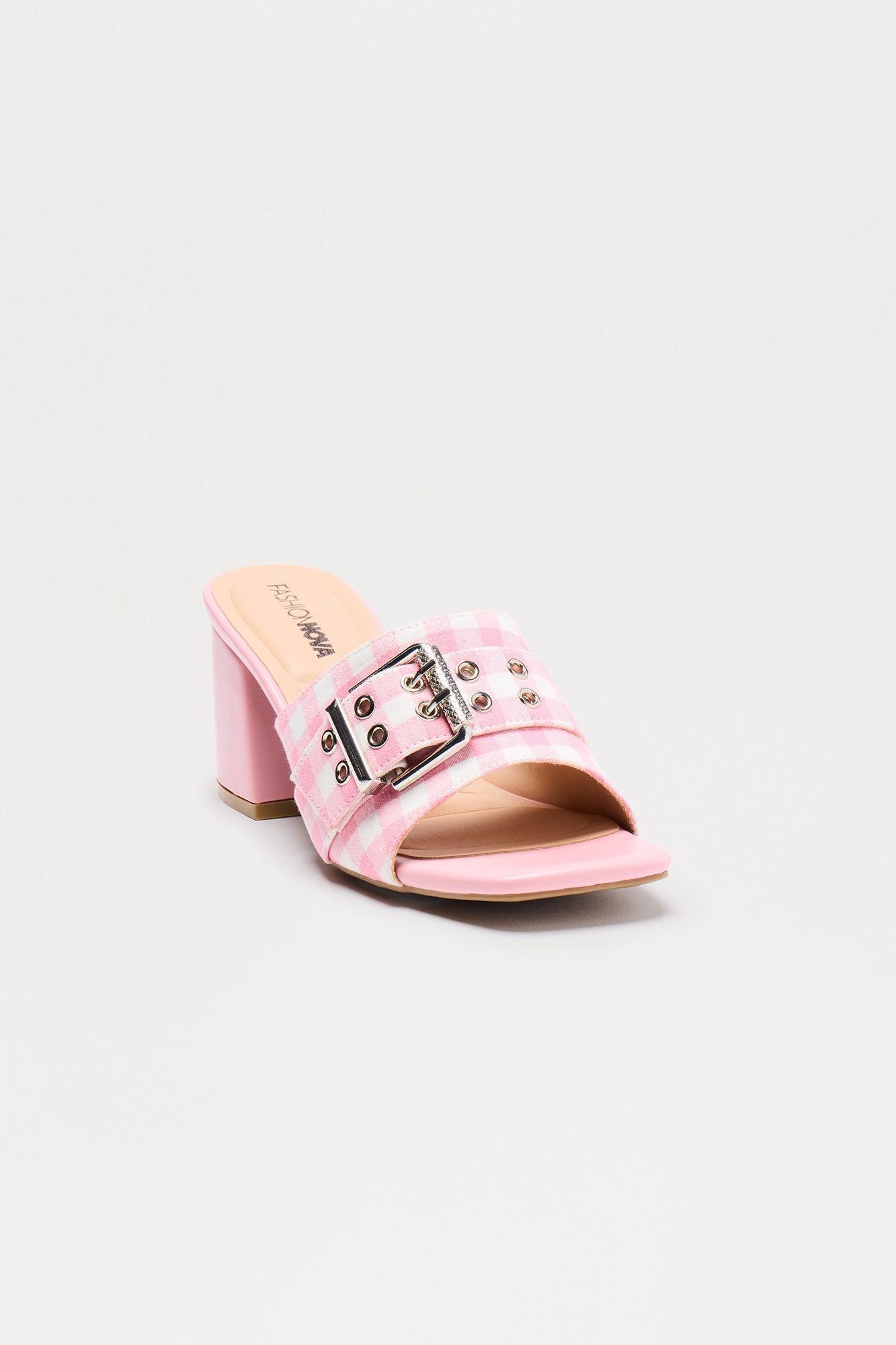 Savy Buckle Gingham Mules - Pink/combo Product Image