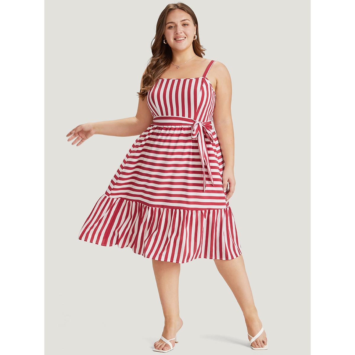 Plus Size Striped Print Belted Ruffle Layered Hem Cami Dress Scarlet Women Office Adjustable Straps Spaghetti Strap Sleeveless Curvy Midi Dress BloomChic 12/L Product Image