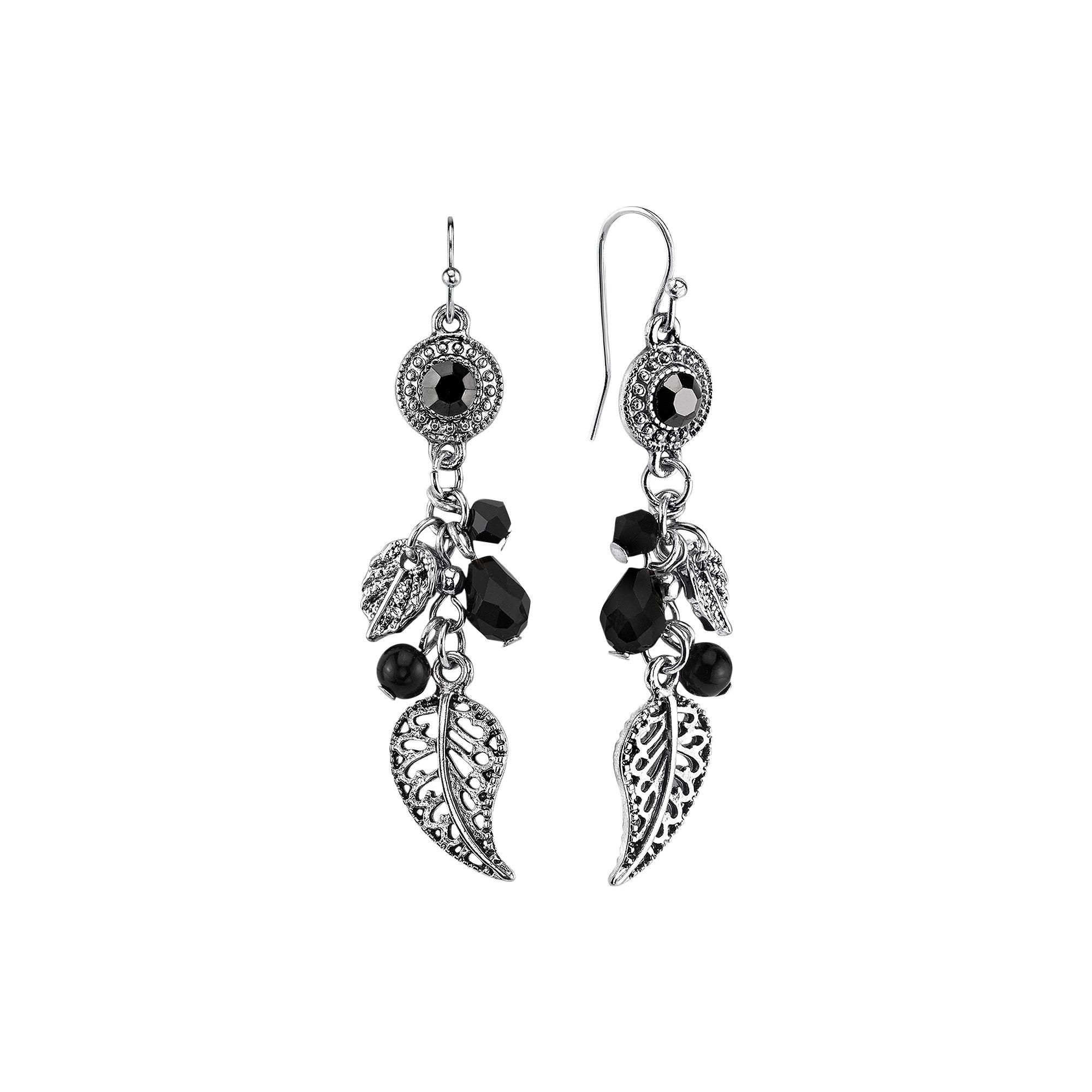 1928 Bead & Leaf Drop Earrings, Womens, Silver Tone Black Product Image