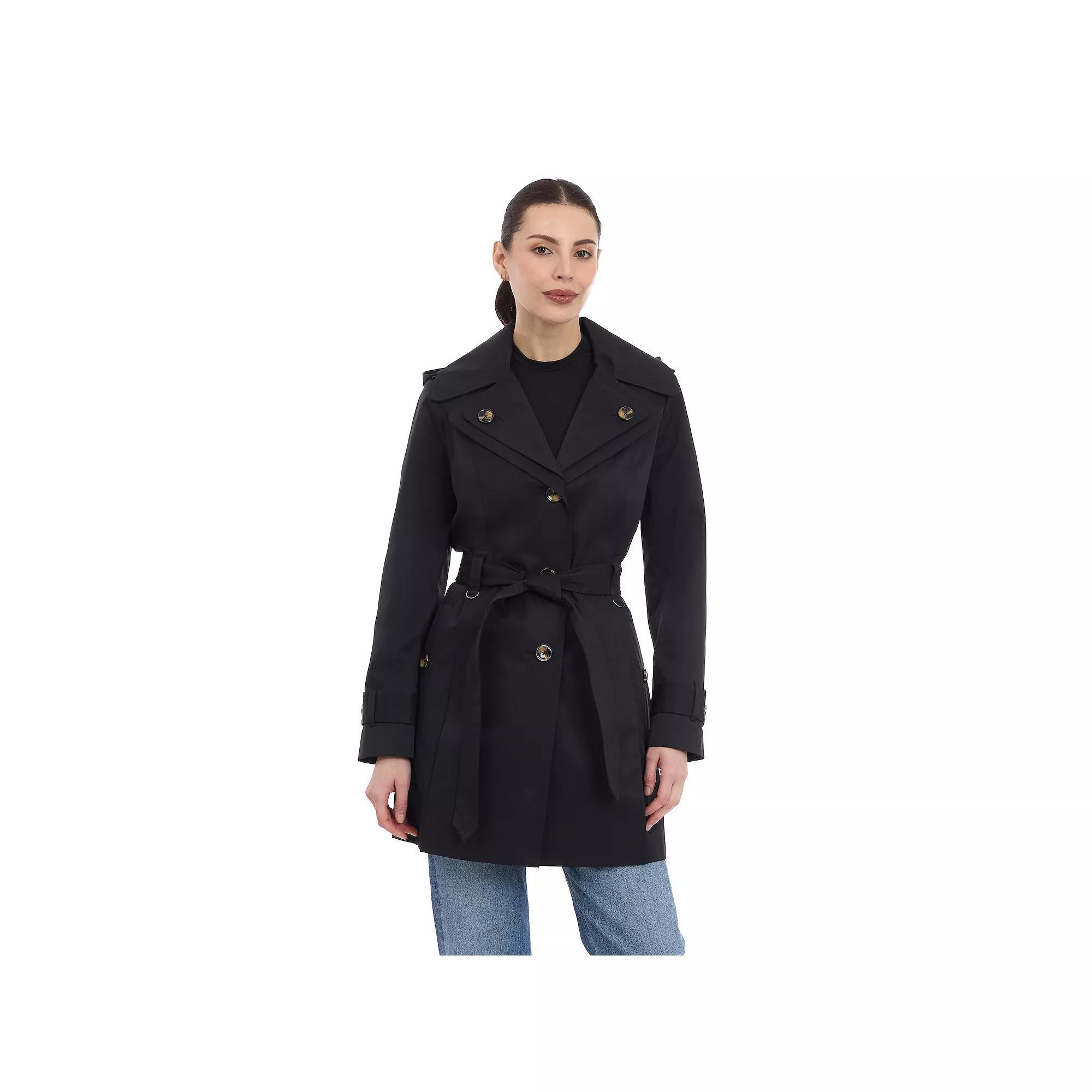 Women's London Fog Double-Lapel Removable Hood Belted Trench Coat, Size: Small, Black Product Image