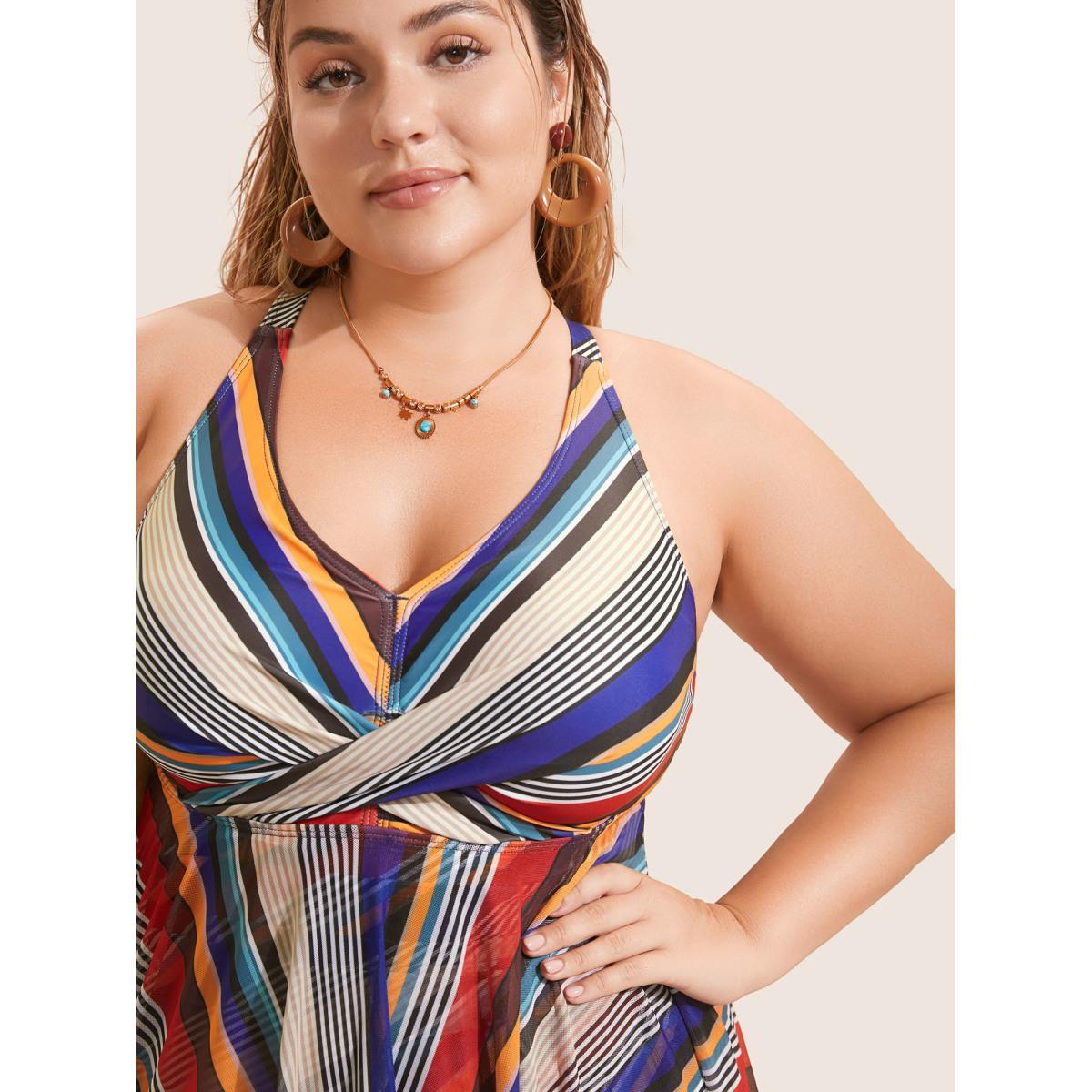 Plus Size Color Stripes Twist Hanky Hem Swim Dress Women's Swimwear Multicolor Beach Bodycon V-neck High stretch Curve Swim Dresses BloomChic 18-20/2X Product Image
