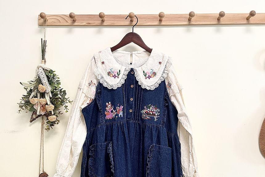 Square Neck Rabbit Embroidered Frill Trim Washed Denim Maxi Jumper Dress Product Image