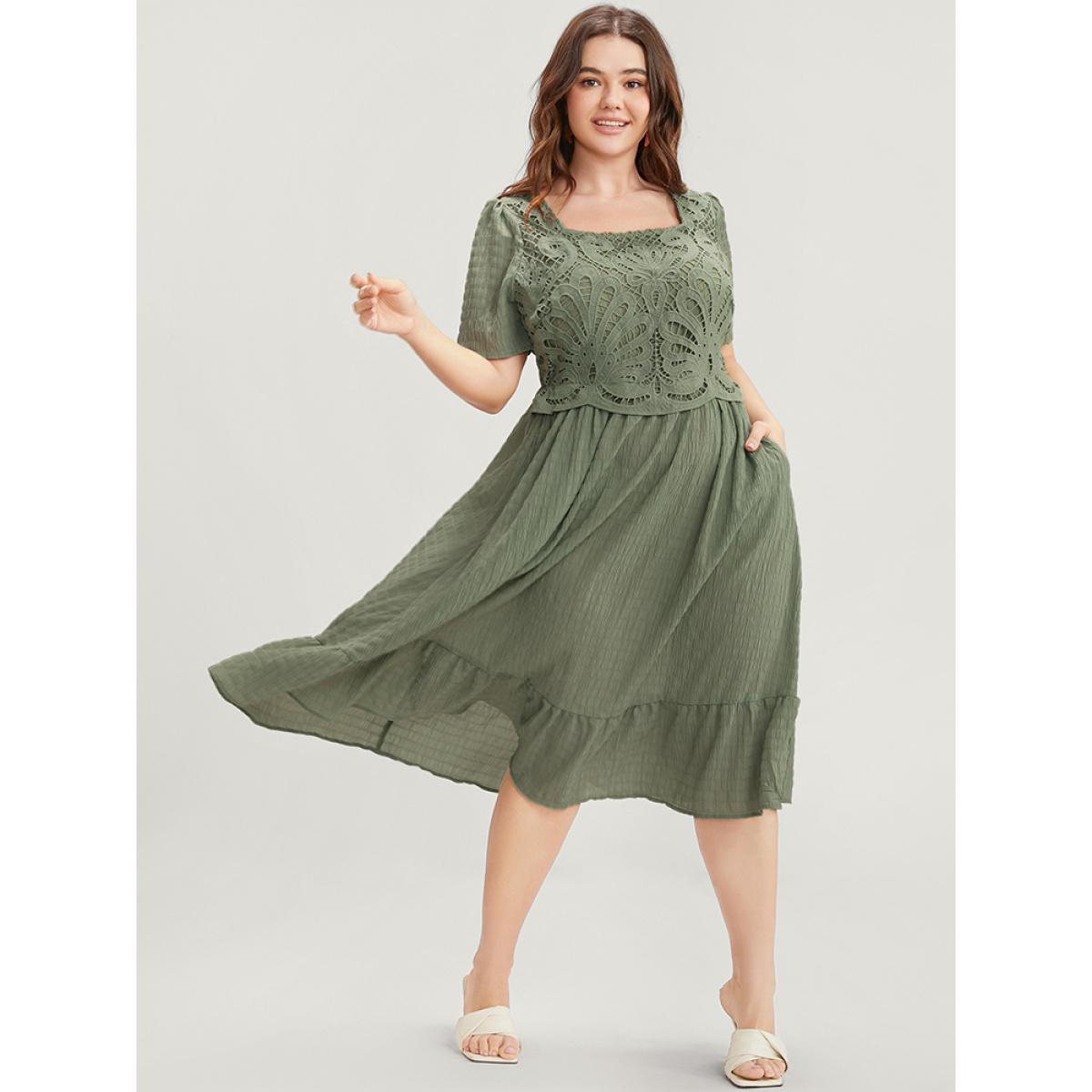 Plus Size Solid Square Neck Pocket Lace Ruffles Hem Dress Mint Women Elegant Elastic Waist Square Neck Short sleeve Curvy Midi Dress BloomChic 18-20/2X Product Image