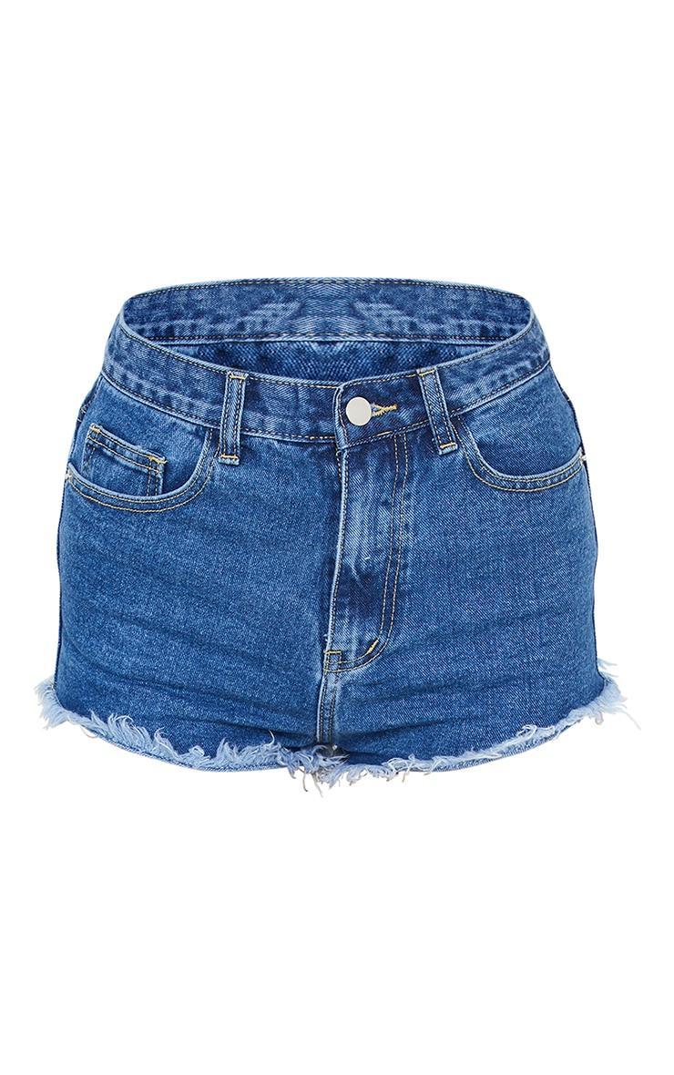 Mid Blue Wash Frayed Hem Denim Shorts Product Image
