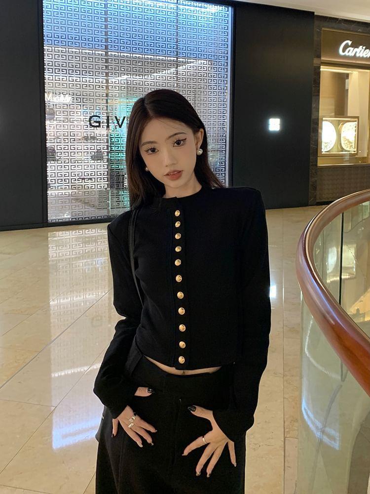 Plain Button-Up Crop Cardigan Product Image