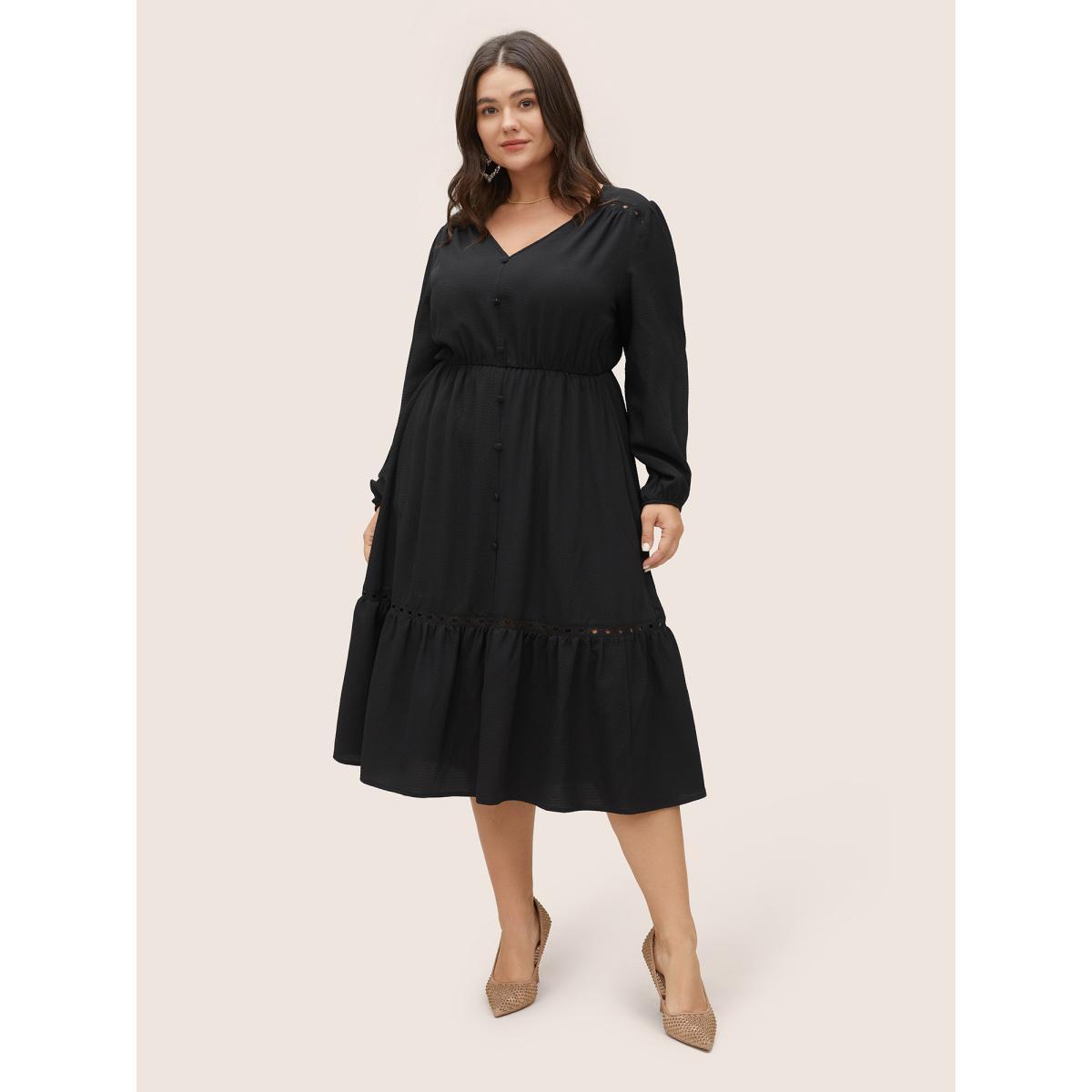 Plus Size Hollow Out Lantern Sleeve Flutter Layered Hem Dress Black Women At the Office Non V-neck Long Sleeve Curvy Midi Dress BloomChic 26/4X Product Image