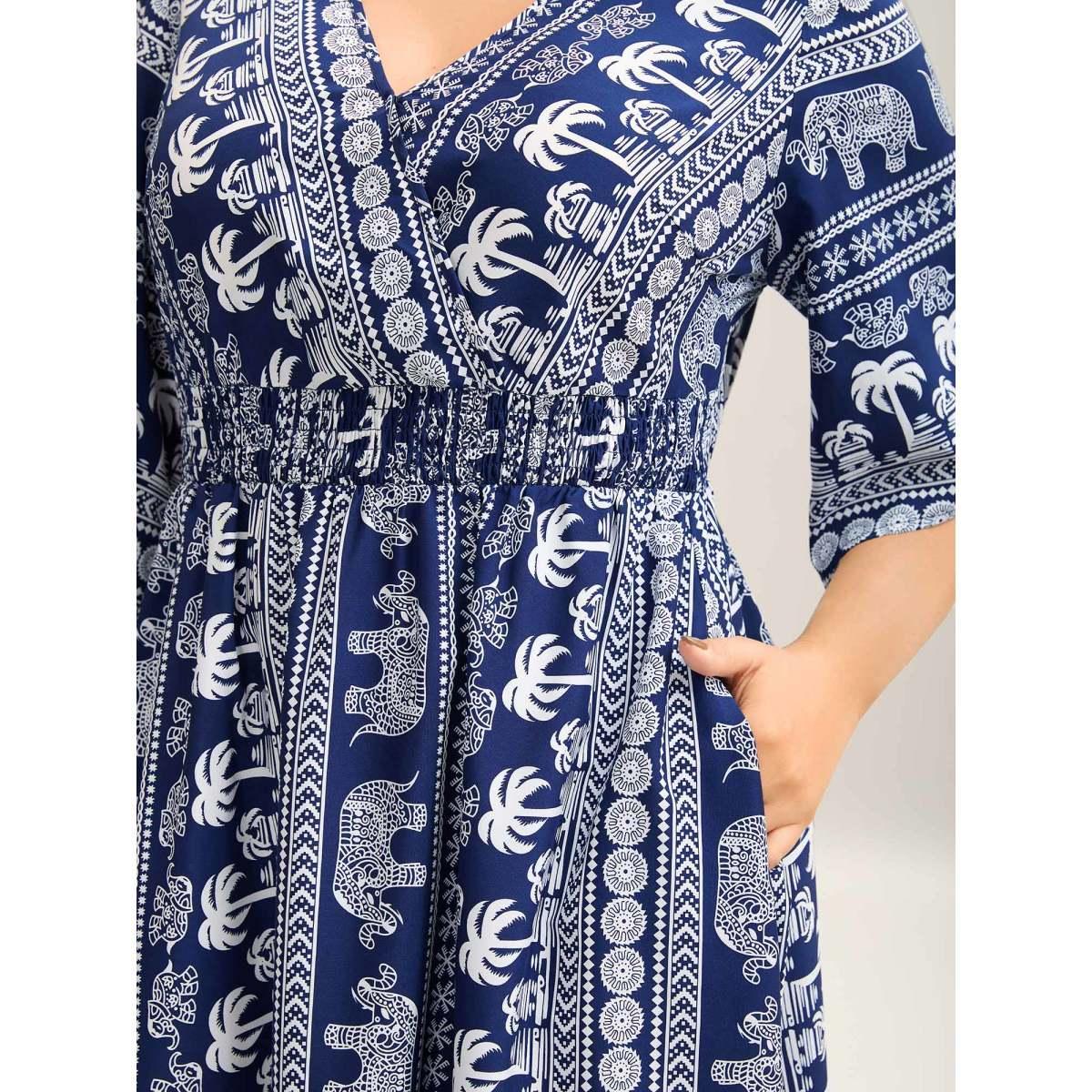Plus Size Resort Ready Print Shirred Waist Maxi Dress DarkBlue Women Overlap Collar Half Sleeve Curvy BloomChic 12/L Product Image