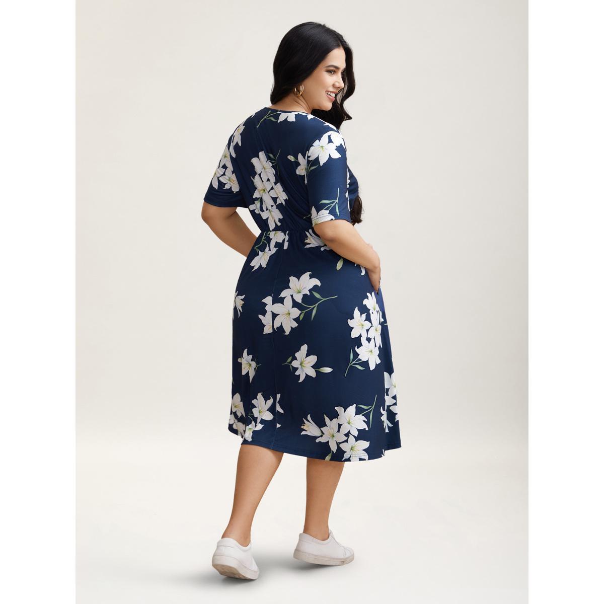 Plus Size Floral Surplice Neck Pleated Midi Dress Navy Women Casual Gathered Overlap Collar Short sleeve Curvy BloomChic 10/M Product Image