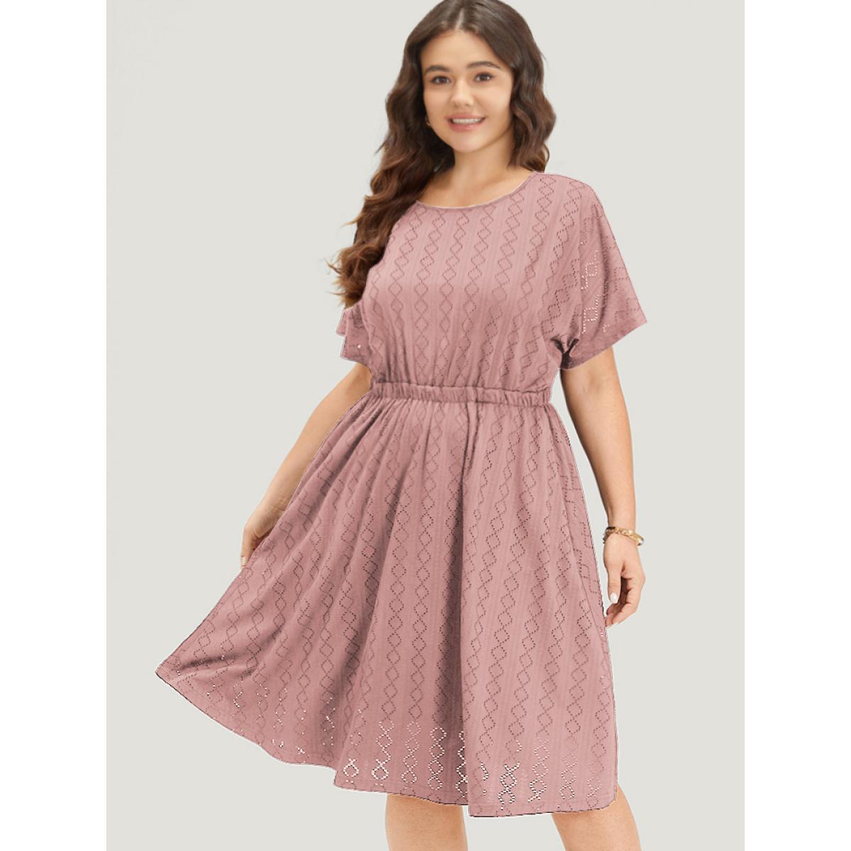 Plus Size Plain Geo Eyelet Batwing Sleeve Elastic Waist Dress DustyPink Women Casual Texture Round Neck Short sleeve Curvy Midi Dress BloomChic 10/M Product Image
