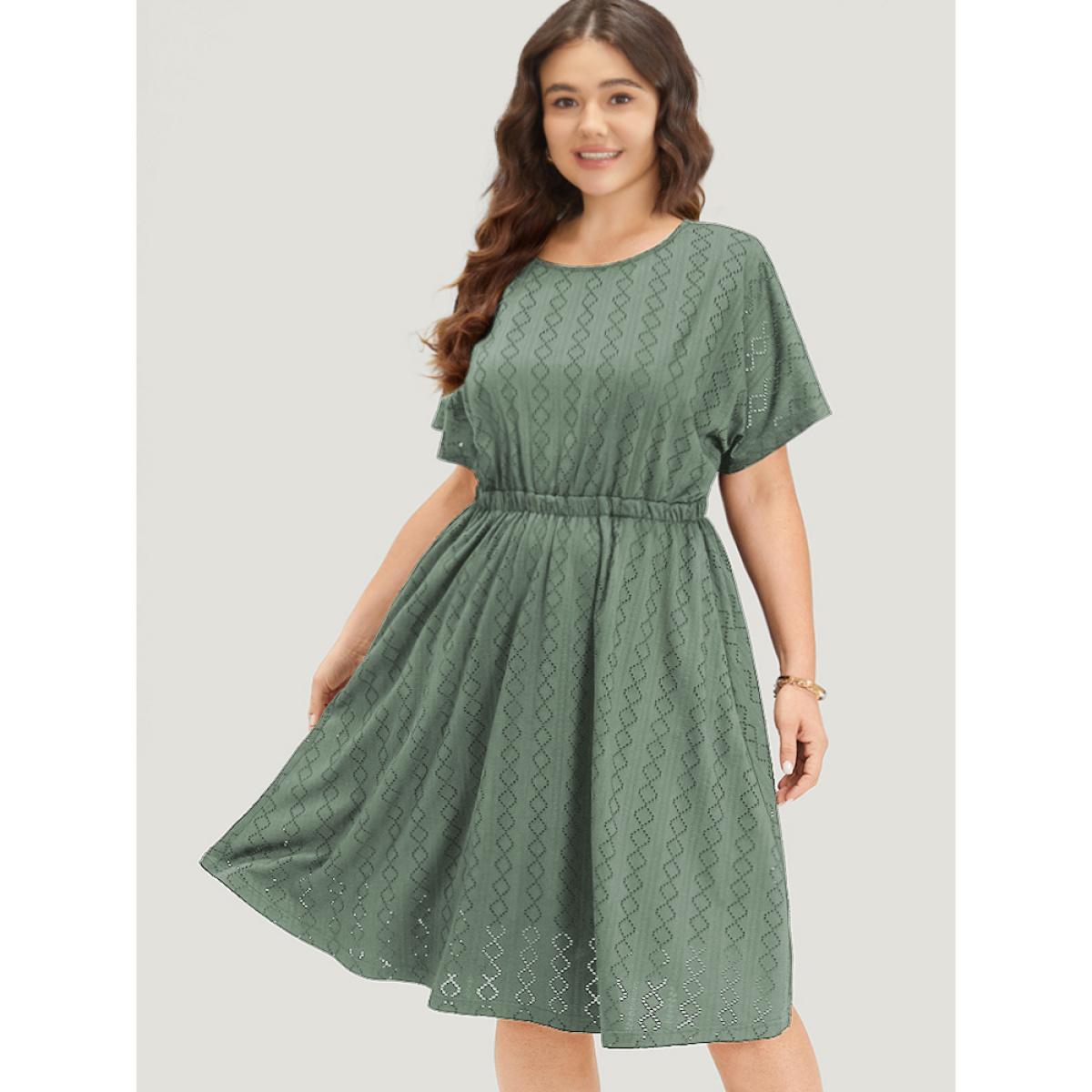Plus Size Plain Geo Eyelet Batwing Sleeve Elastic Waist Dress Mint Women Casual Texture Round Neck Short sleeve Curvy Midi Dress BloomChic 10/M Product Image