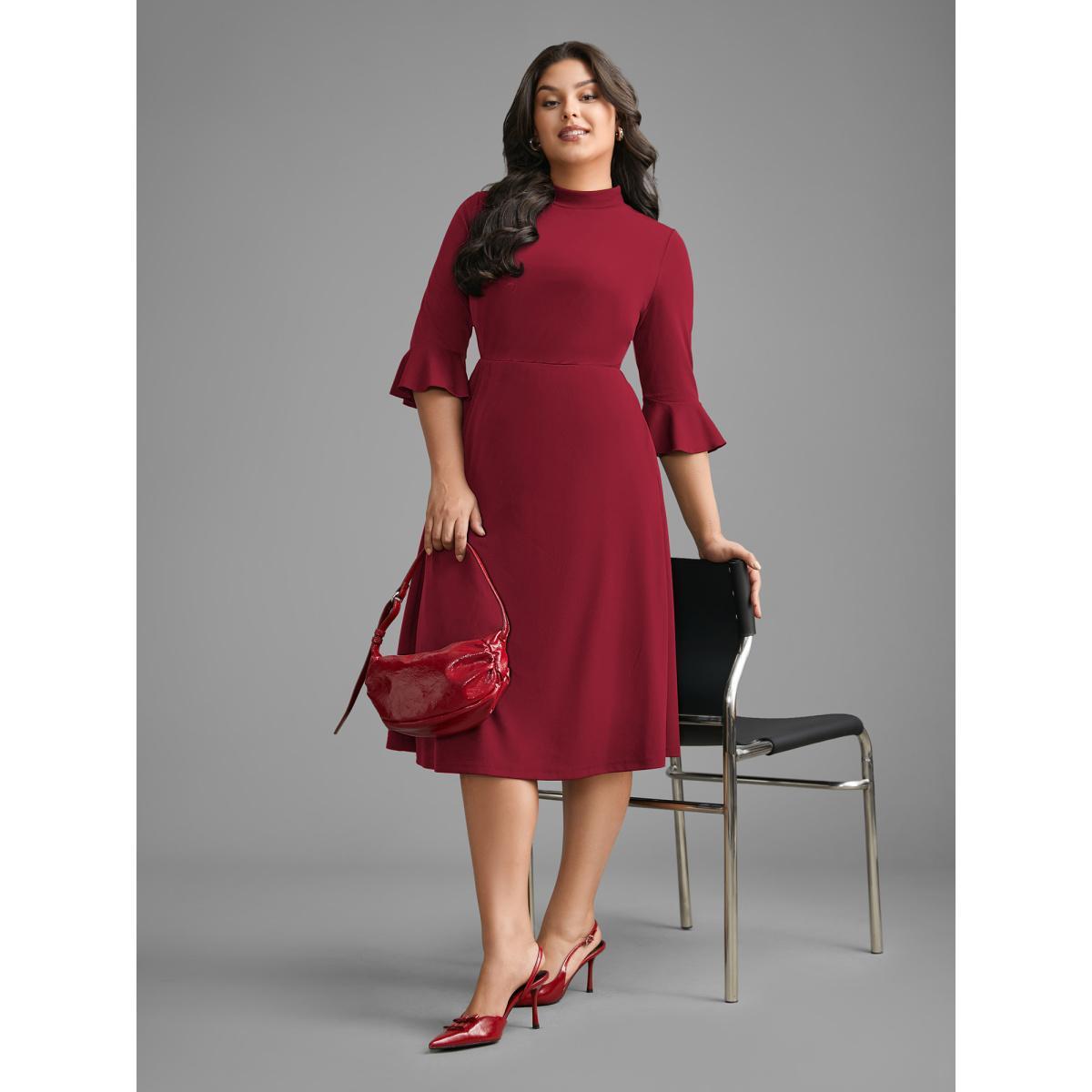 Plus Size Mock Neck Flutter Sleeve Knit Dress Scarlet Women At the Office Ruffles Knit Dresses Bloomchic 12/L Product Image