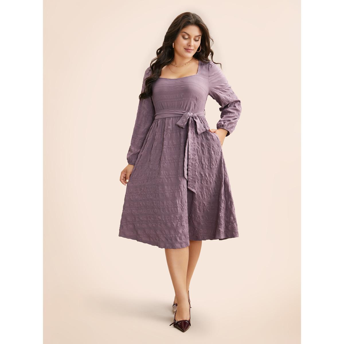 Plus Size Square Neck Plain Textured Belted Dress Mauve Women Elegant Texture Square Neck Long Sleeve Curvy BloomChic 30/6X Product Image