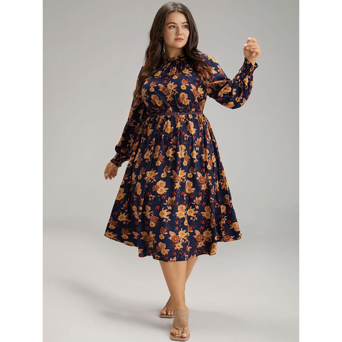 Plus Size Supersoft Essentials Floral Print Mock Neck Dress DarkBlue Women Elegant Printed Mock Neck Long Sleeve Curvy Midi Dress BloomChic 12/L Product Image
