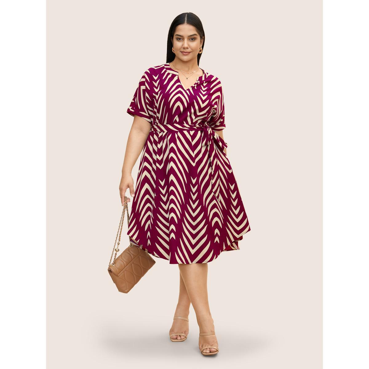 Plus Size Geometric Belted Dolman Sleeve Curved Hem Dress Cerulean Women At the Office Flat collar with V-notch Short sleeve Curvy BloomChic 26/4X Product Image