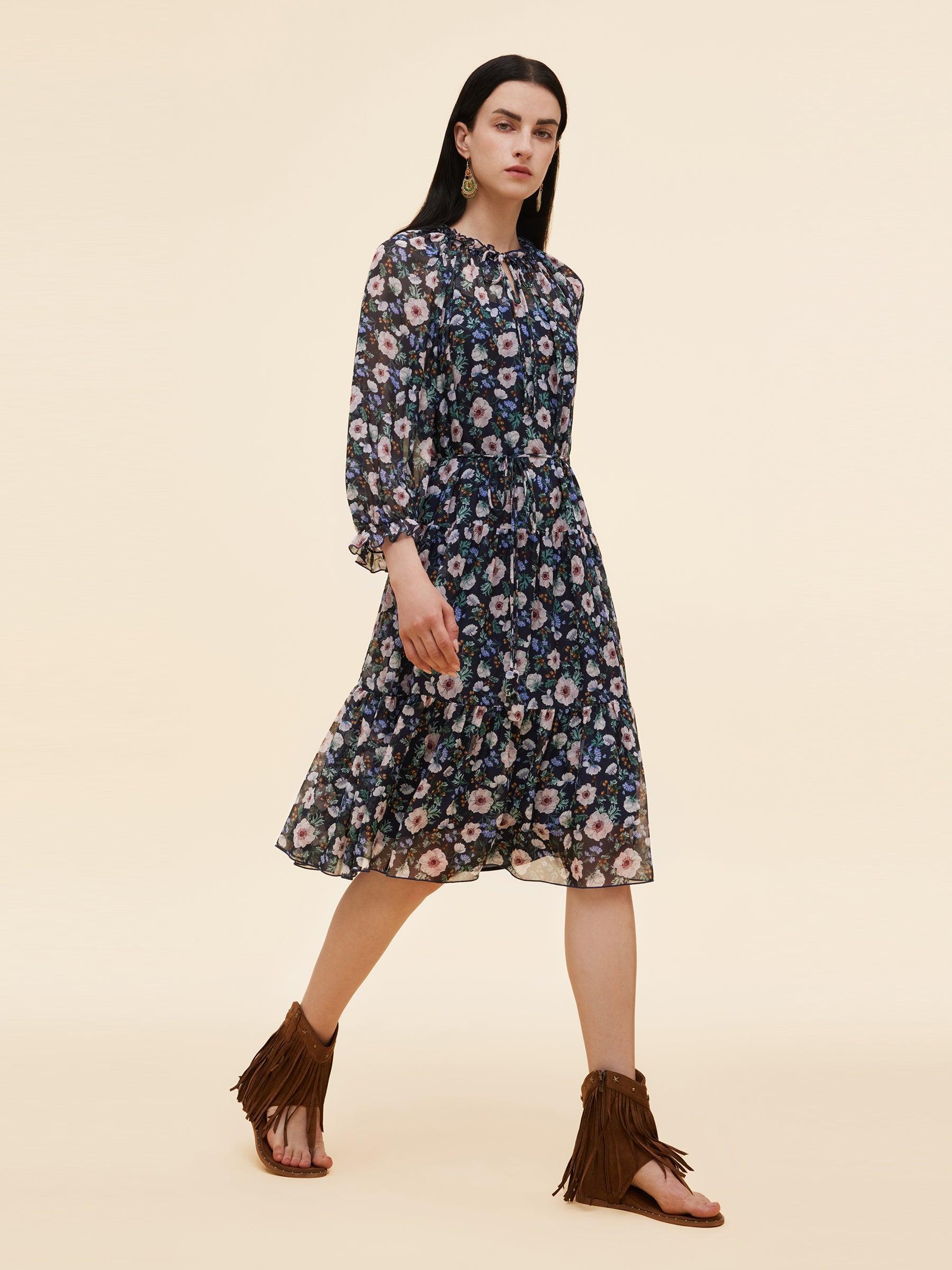 10MM Mulberry Silk Floral Print Women Ruffle Collar Midi Dress Product Image