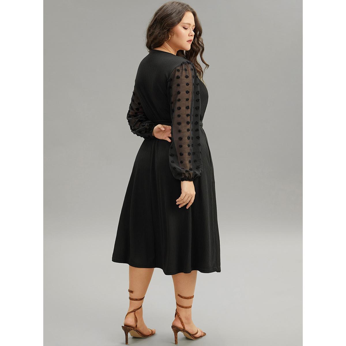 Plus Size Polka Dot Chiffon Mesh Patchwork Wrap Dress Black Women Elegant Elastic cuffs Overlap Collar Long Sleeve Curvy Midi Dress BloomChic 10/M Product Image
