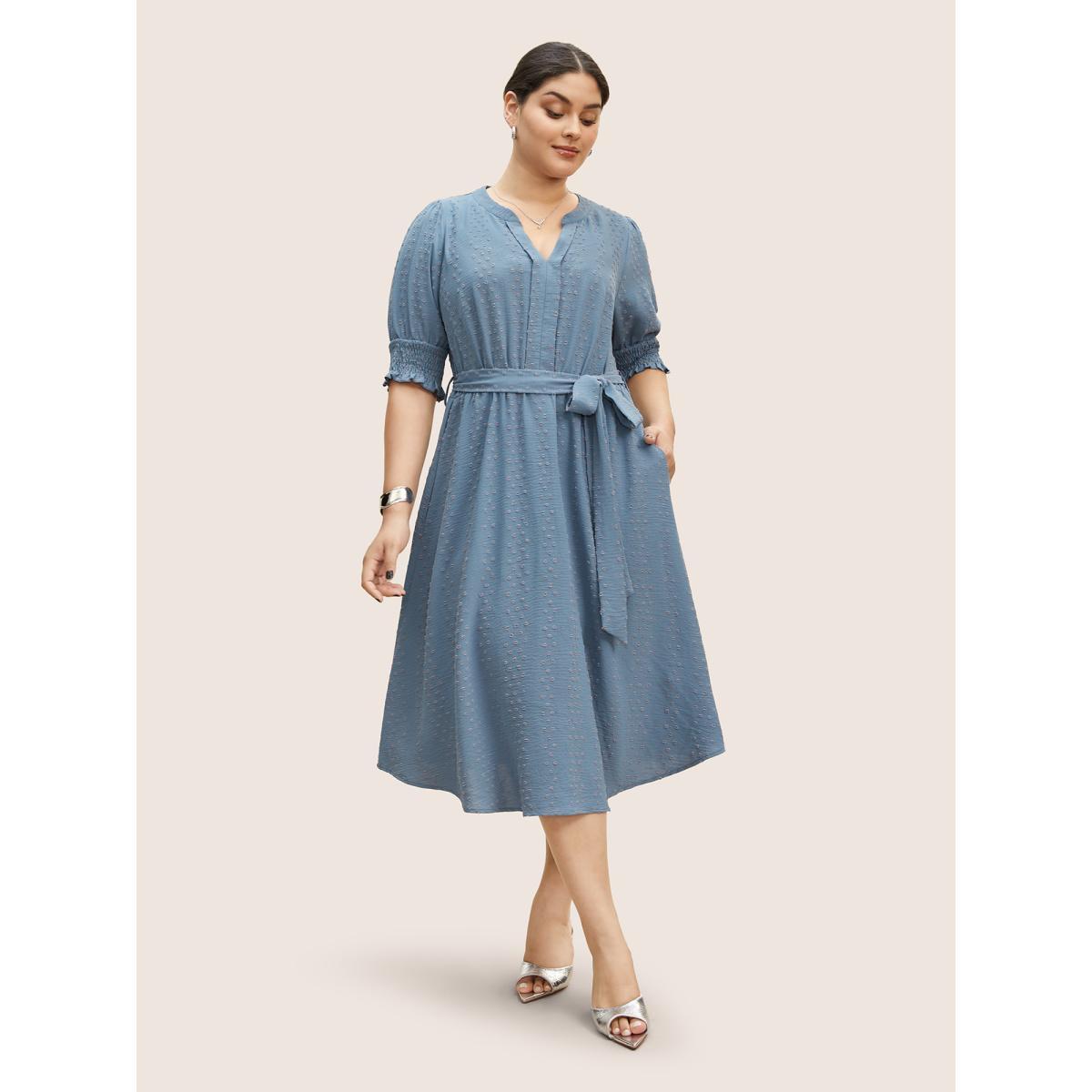 Plus Size Plain Textured Belted Lantern Sleeve Midi Dress Stone Women Work From Home Texture Flat collar with V-notch Half Sleeve Curvy BloomChic 14-16/1X Product Image