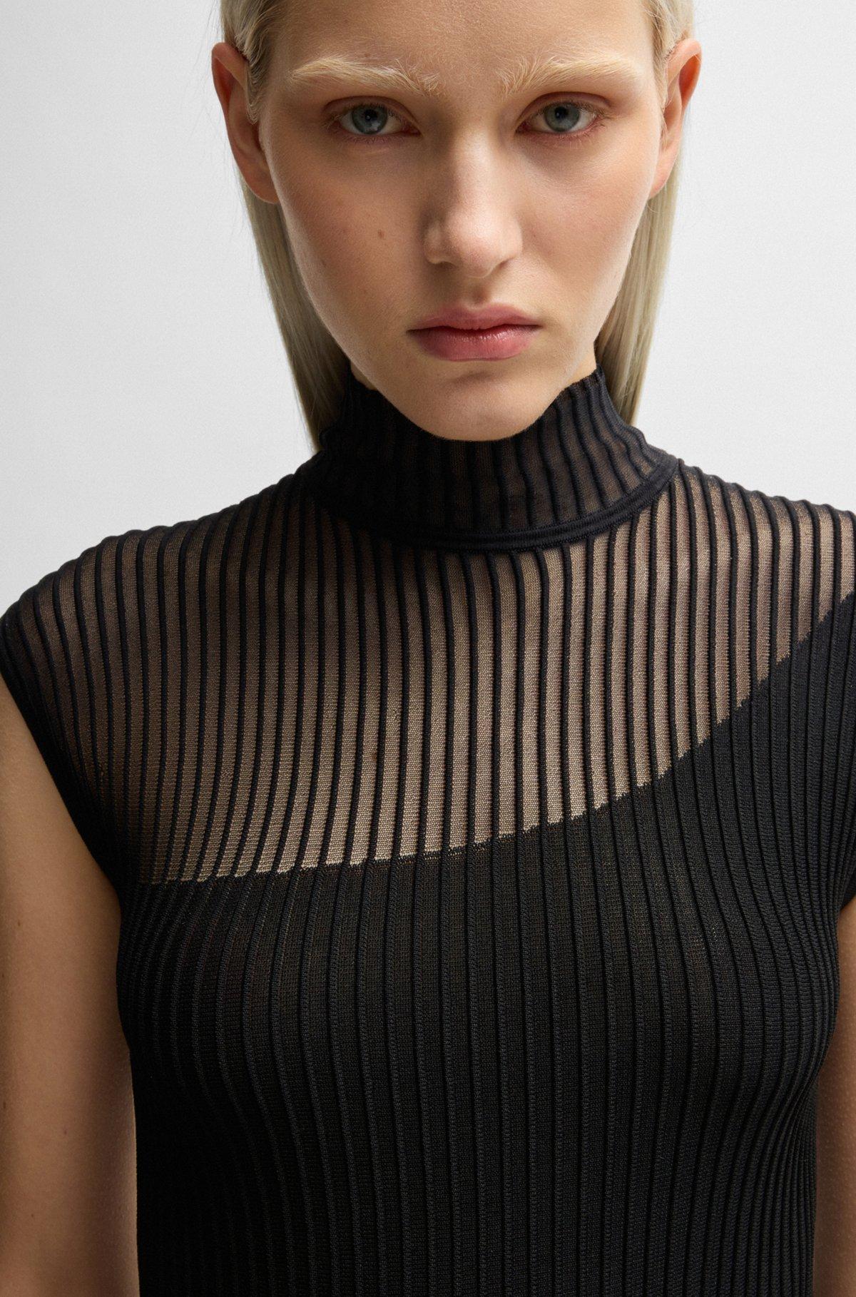 Mock-neck ribbed crepe midi dress with sheer sections Product Image