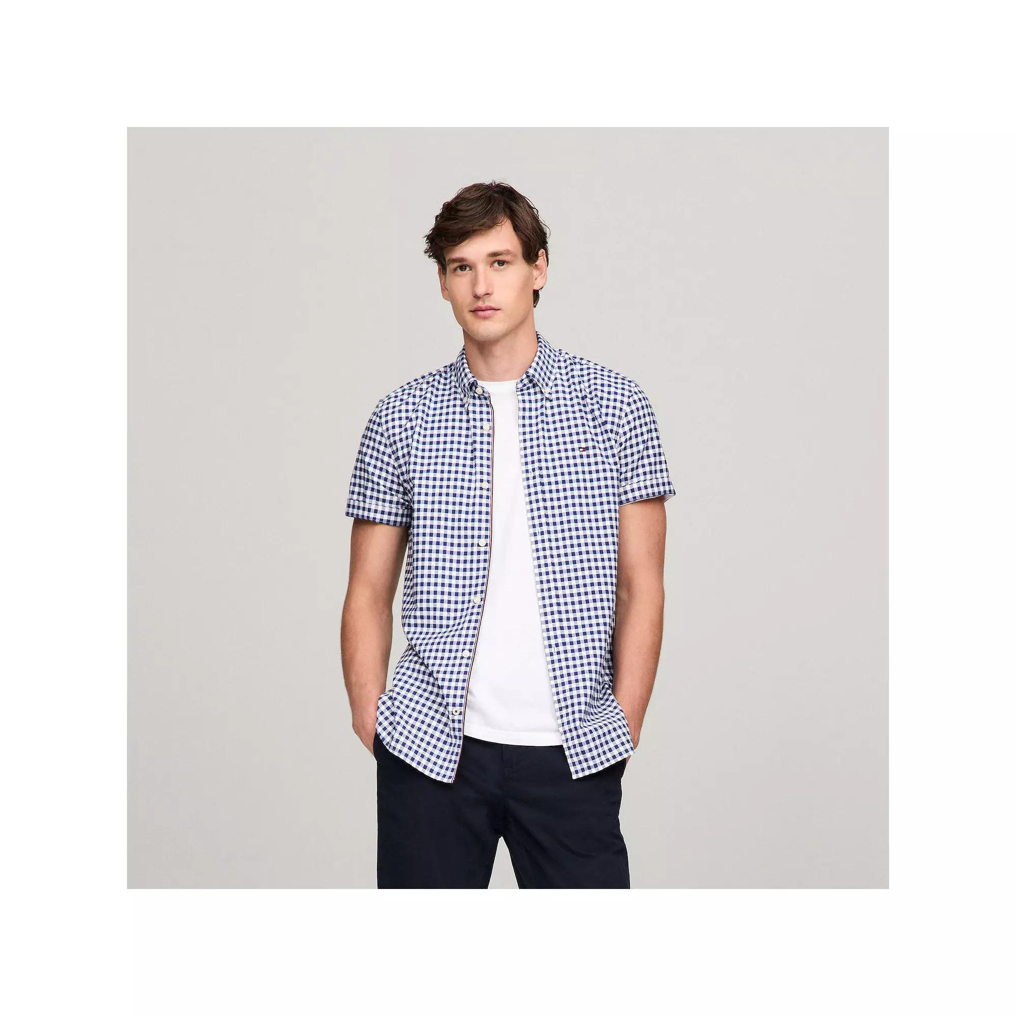 Men's Tommy Hilfiger Stretch Oxford Short Sleeve Shirt, Size: XL, Blue Check Product Image