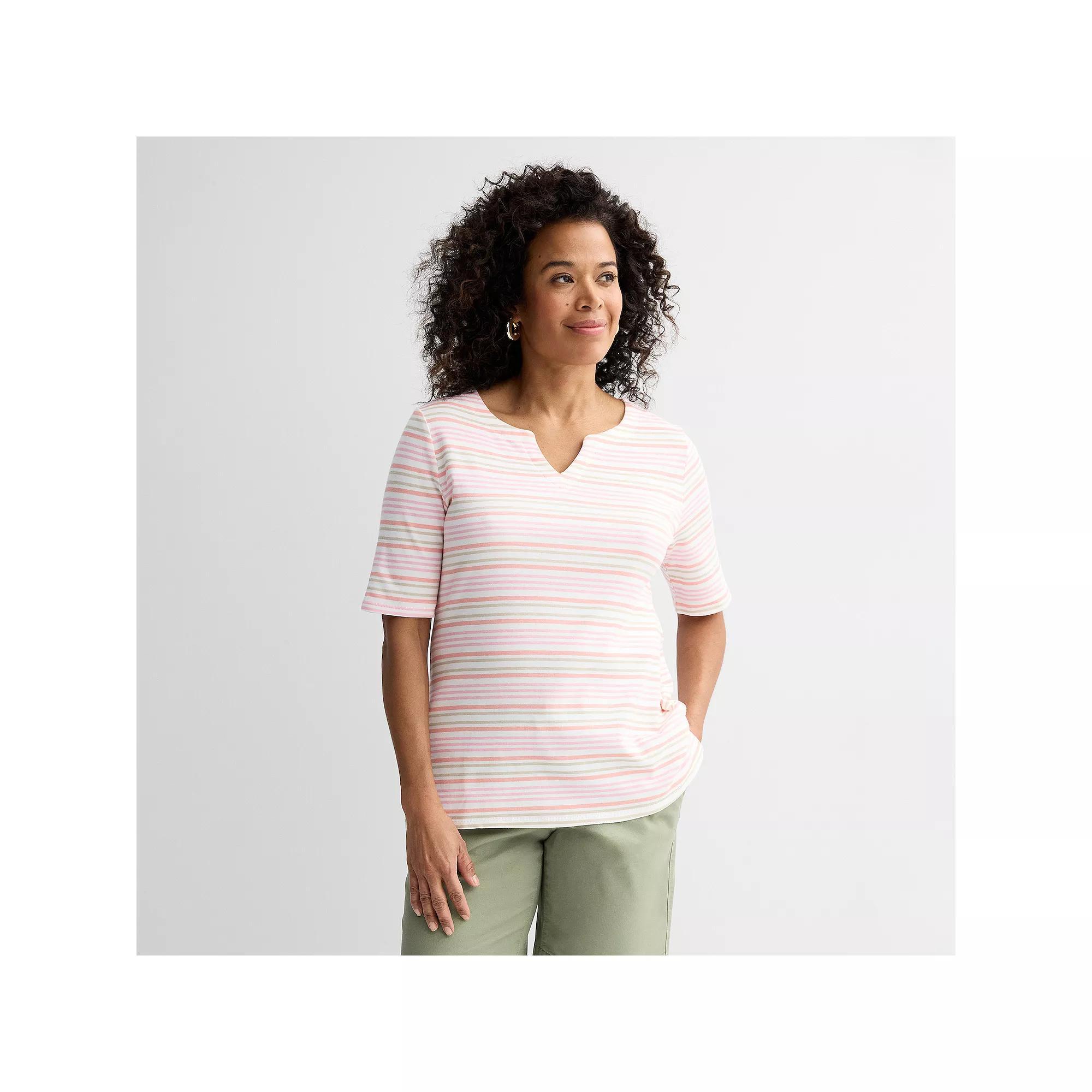 Petite Croft & Barrow® Elbow Sleeve Splitneck Top, Women's, Size: Small Petite, Pink Tidy Stripe Product Image