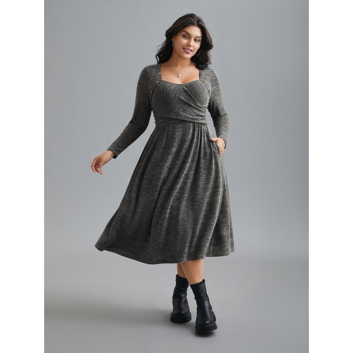 Plus Size Heart Neckline Button Detailing Crossover Fit Dress DimGray Women Casual Gathered Knit Dresses Bloomchic 14-16/1X Product Image
