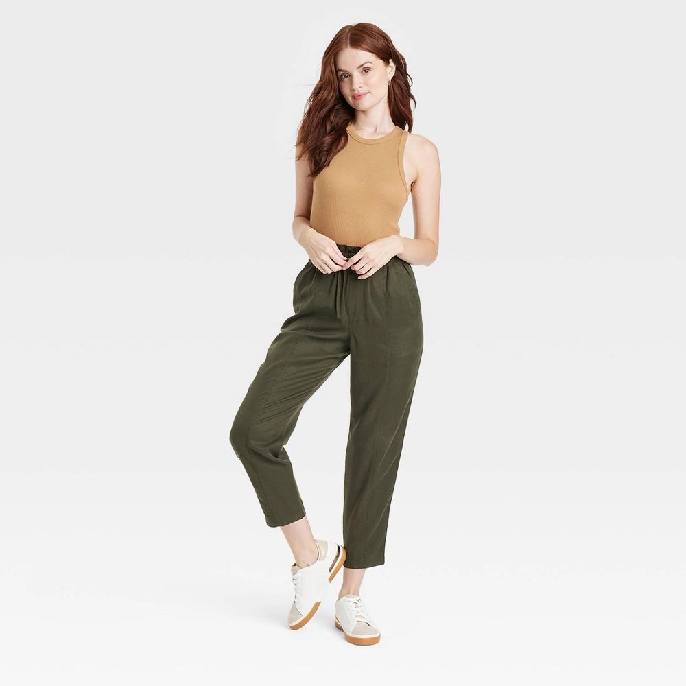 Women's High-Rise Tapered Ankle Pull-On Joggers - A New Day™ Olive S: Lightweight Twill, Elastic Waistband Product Image