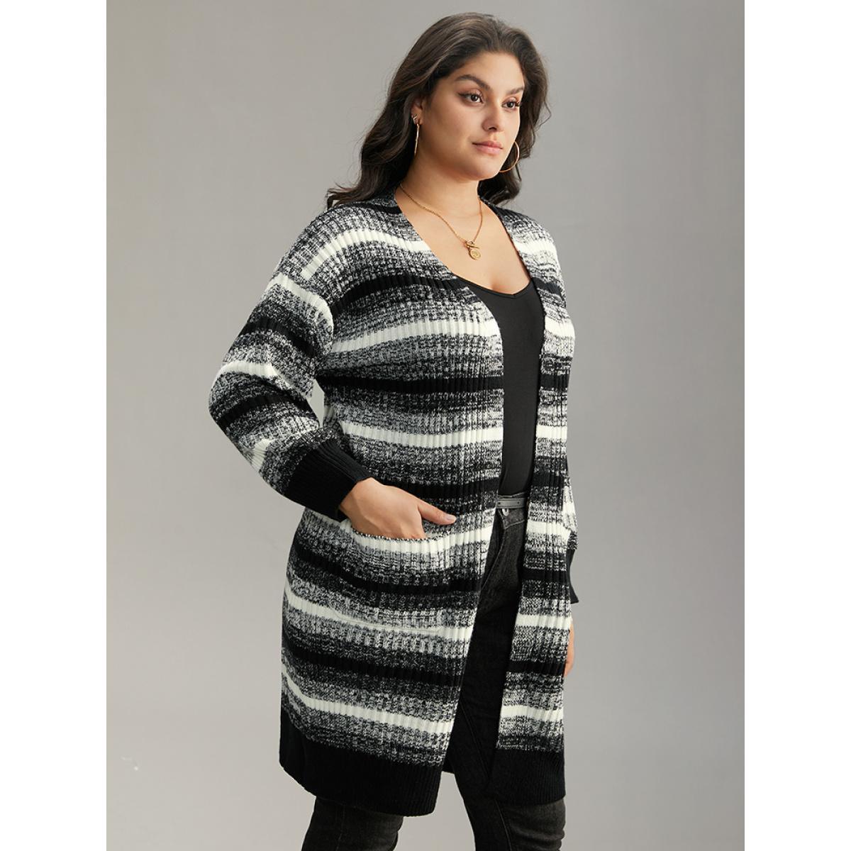 Plus Size Ombre Heather Patched Pocket Cardigan Black Women Casual Loose Long Sleeve Everyday Cardigans BloomChic 18-20/2X Product Image