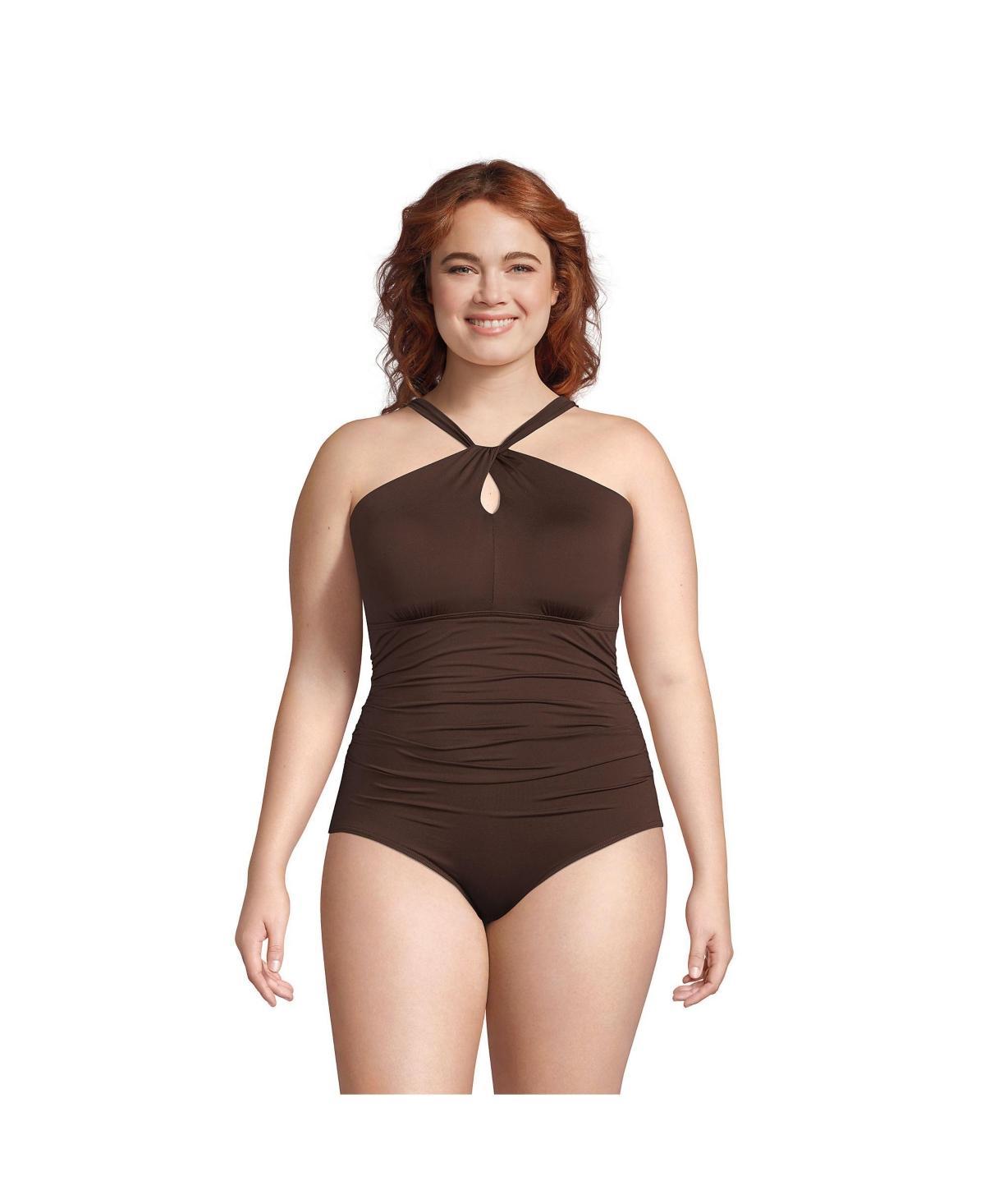 Plus Size Lands End Chlorine Resistant High Neck One-Shoulder Multi-Way One-Piece Swimsuit, Womens Product Image