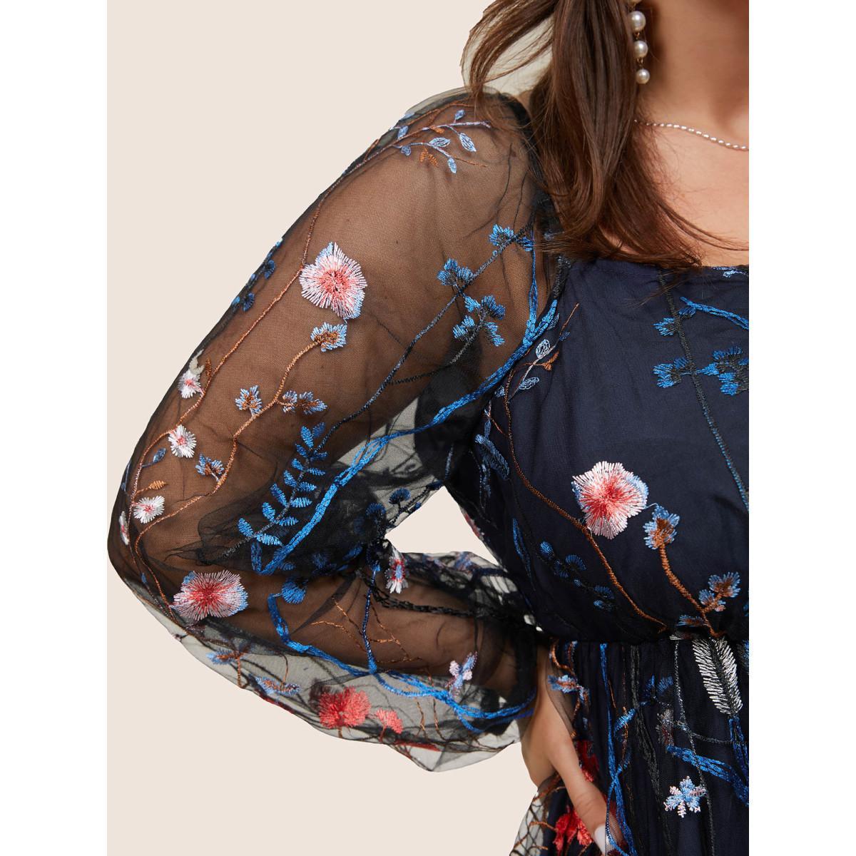 Plus Size Square Neck Embroidered Lace Mesh Lantern Sleeve Dress Navy Women Formal Elastic cuffs Square Neck Long Sleeve Curvy Midi Dress BloomChic 26/4X Product Image