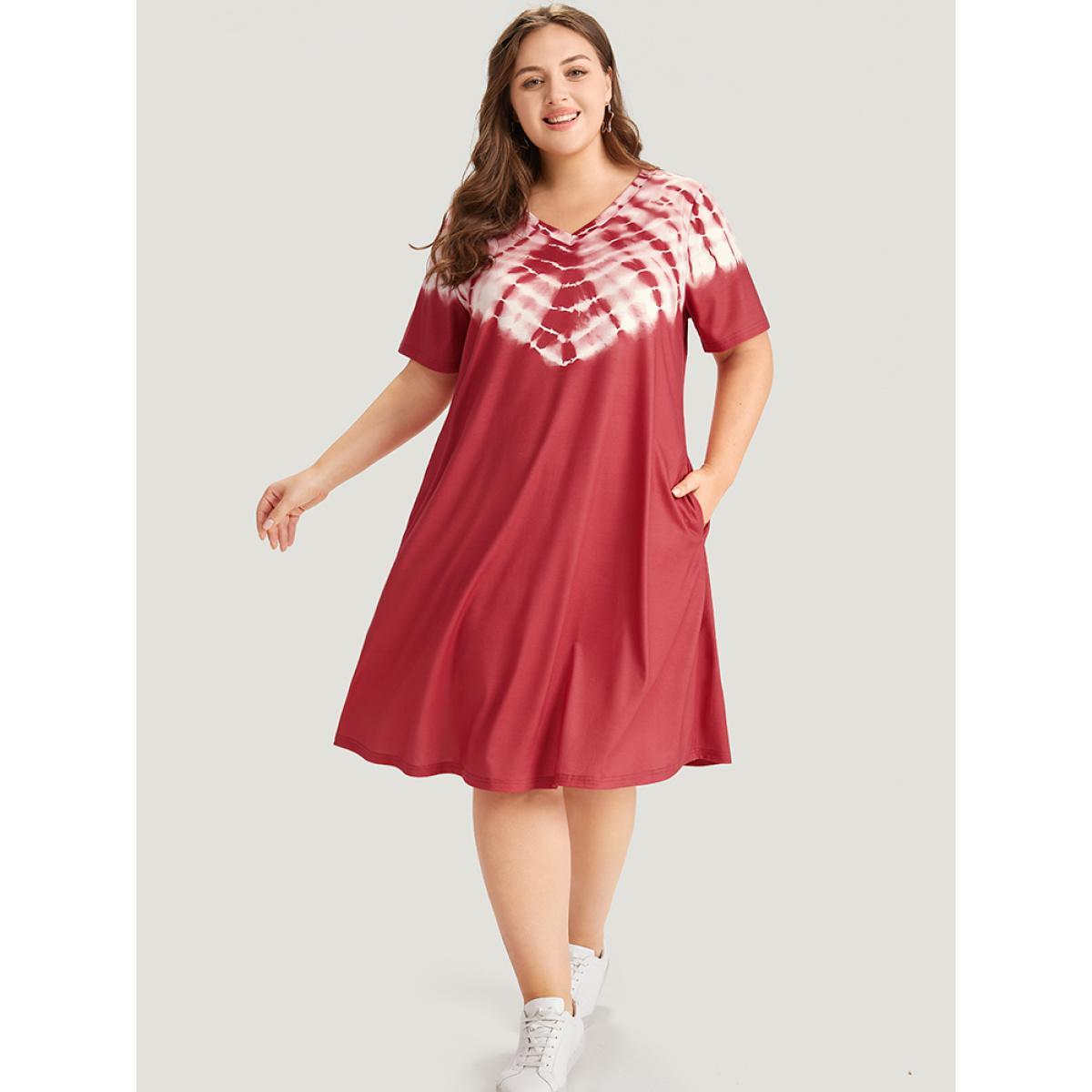 Plus Size Tie Dye Pocket V Neck Knee Dress Russet Women Casual Printed V-neck Short sleeve Curvy Knee Dress BloomChic 10/M Product Image