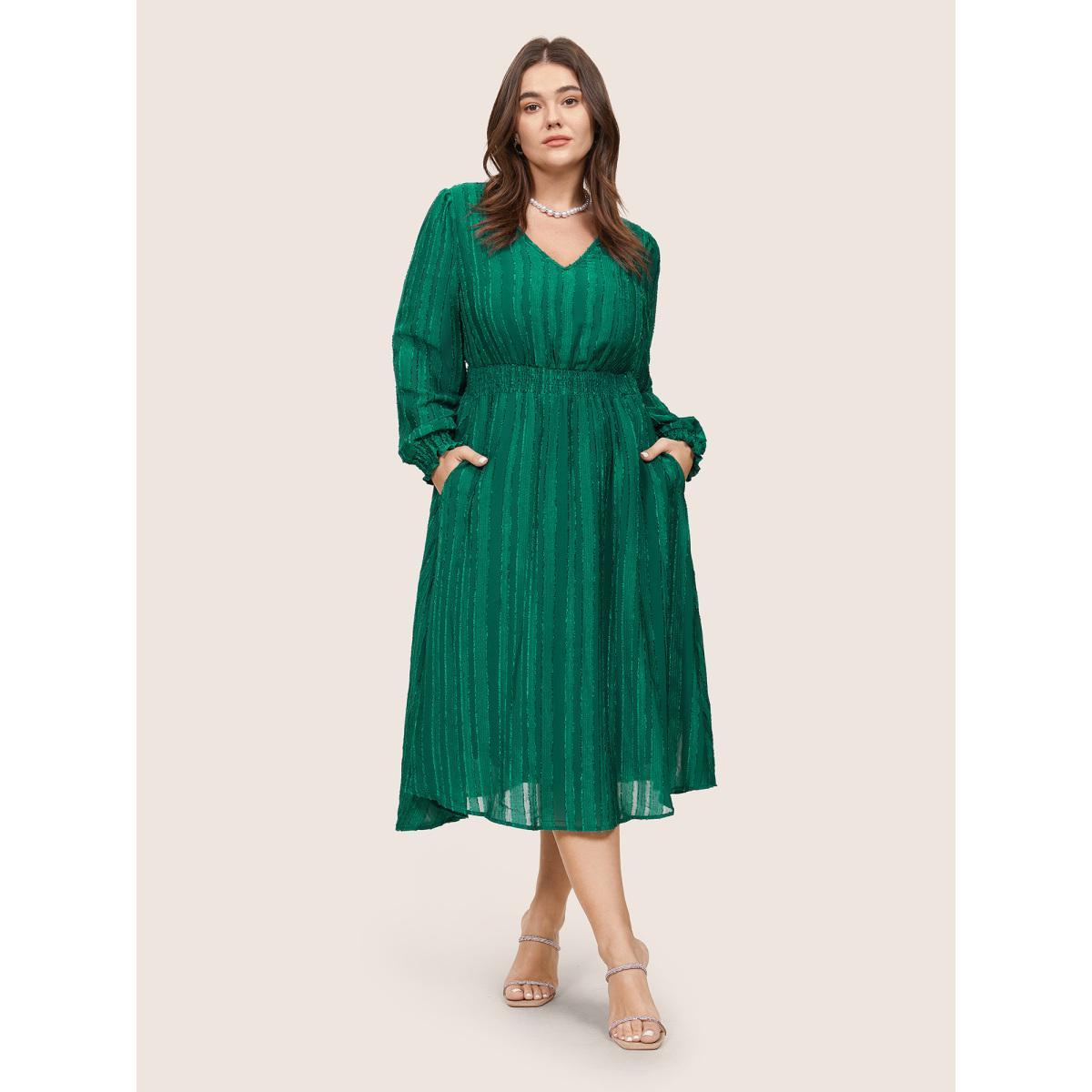 Plus Size Solid Lantern Sleeve Pocket Plisse Shirred Dress DarkGreen Women Party Texture V-neck Long Sleeve Curvy Midi Dress BloomChic 30/6X Product Image
